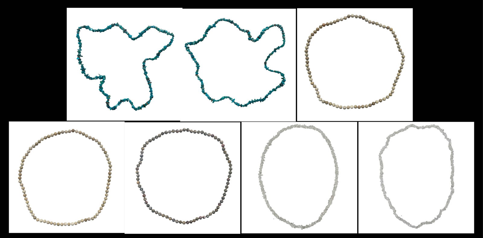 Collection of 7 Vintage Natural Gemstone Necklaces - Turquoise Chip, Leopard Skin Jasper, Picture: An appealing and highly wearable collection of seven vintage natural gemstone necklaces presented as a single curated grouping, featuring a diverse assortment of mineral varieties including turquoise,
