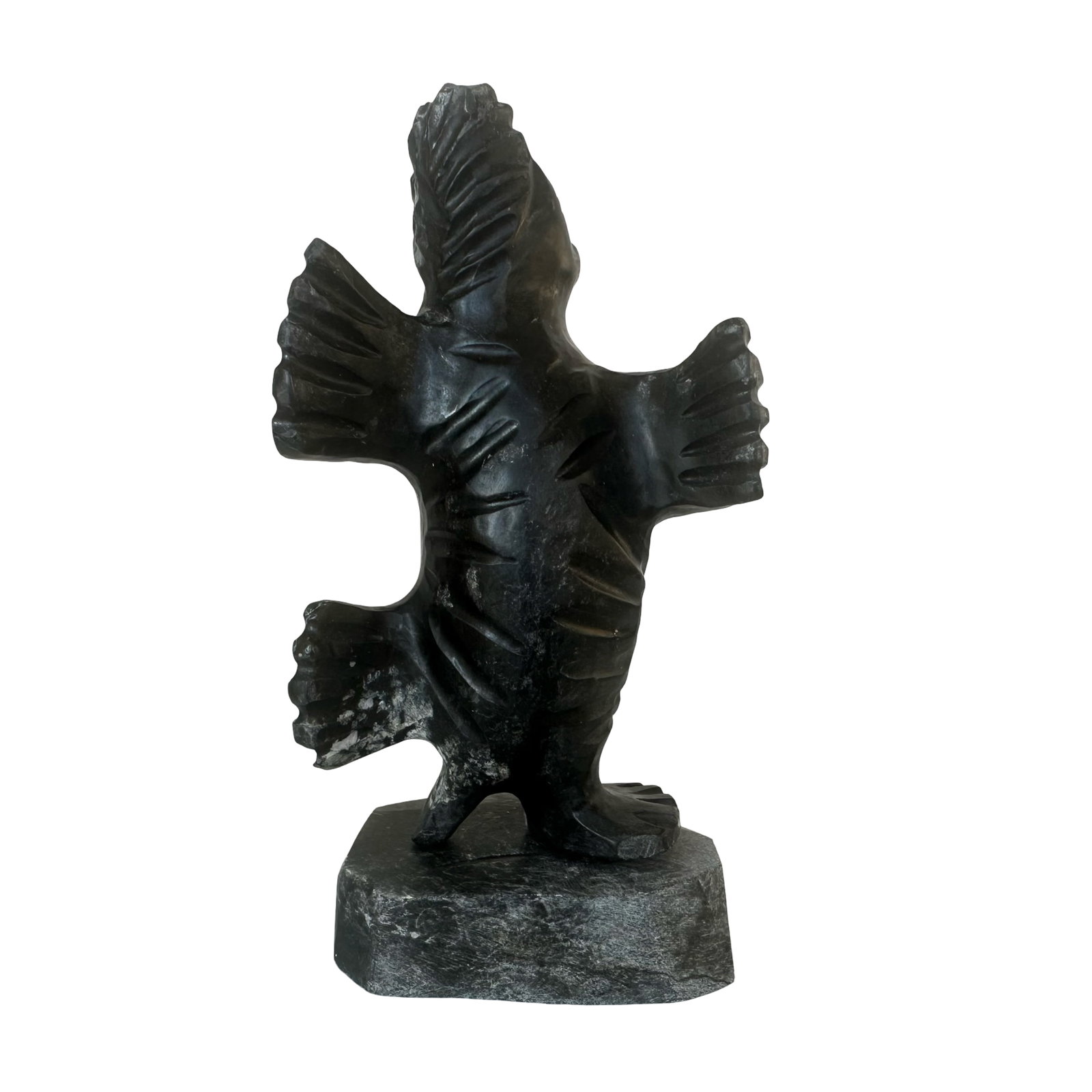 Louie Makkituq - Dancing Seal Spirit on Base - 1996 - Inuit Stone Carving from Gjoa Haven -: A powerful and characterful example of late 20th century Inuit sculpture, this original 1996 carving by Gjoa Haven artist Louie Makkituq presents a spirited transformation figure titled Dancing Seal S