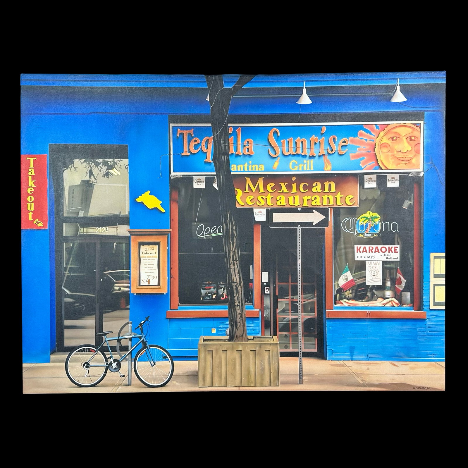 Rudy Sparkuhl's "Tequila Sunrise" Original: Rudy Sparkuhl's "Tequila Sunrise" original acrylic on canvas painting, signed lower right. Professionally stretched. PI Fine Art gallery tag sticker au verso. Image: 40" x 30".