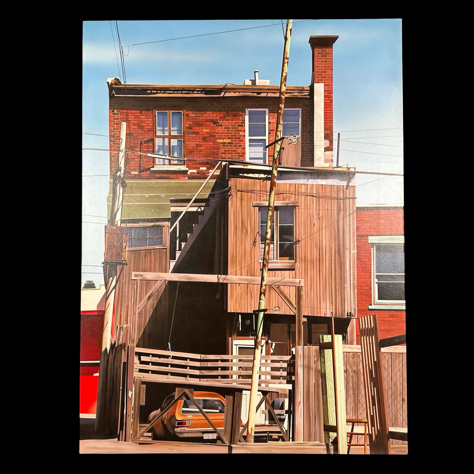 Rudy Sparkuhl's "Brick Building" Original: Rudy Sparkuhl's "Brick Building" original acrylic on canvas painting, signed lower right. 'Copyright 1999 by R. Sparkuhl' #181 au verso. Professionally stretched. PI Fine Art gallery tag sticker au ve