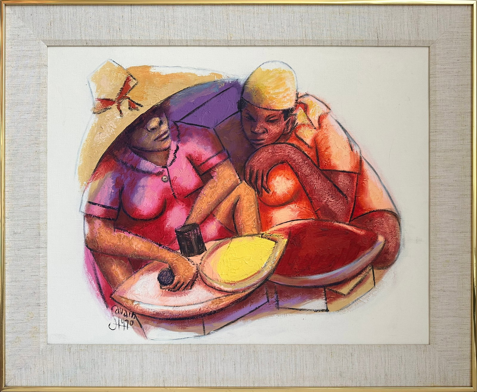 Petion Savain Original Oil Painting “Women at the Market??, 1990: Offered for discerning collectors is an exceptional and vibrant original oil on canvas by renowned Haitian artist Petion Savain (1906–1973), titled “Women at the Market”, dated 1990. This mu