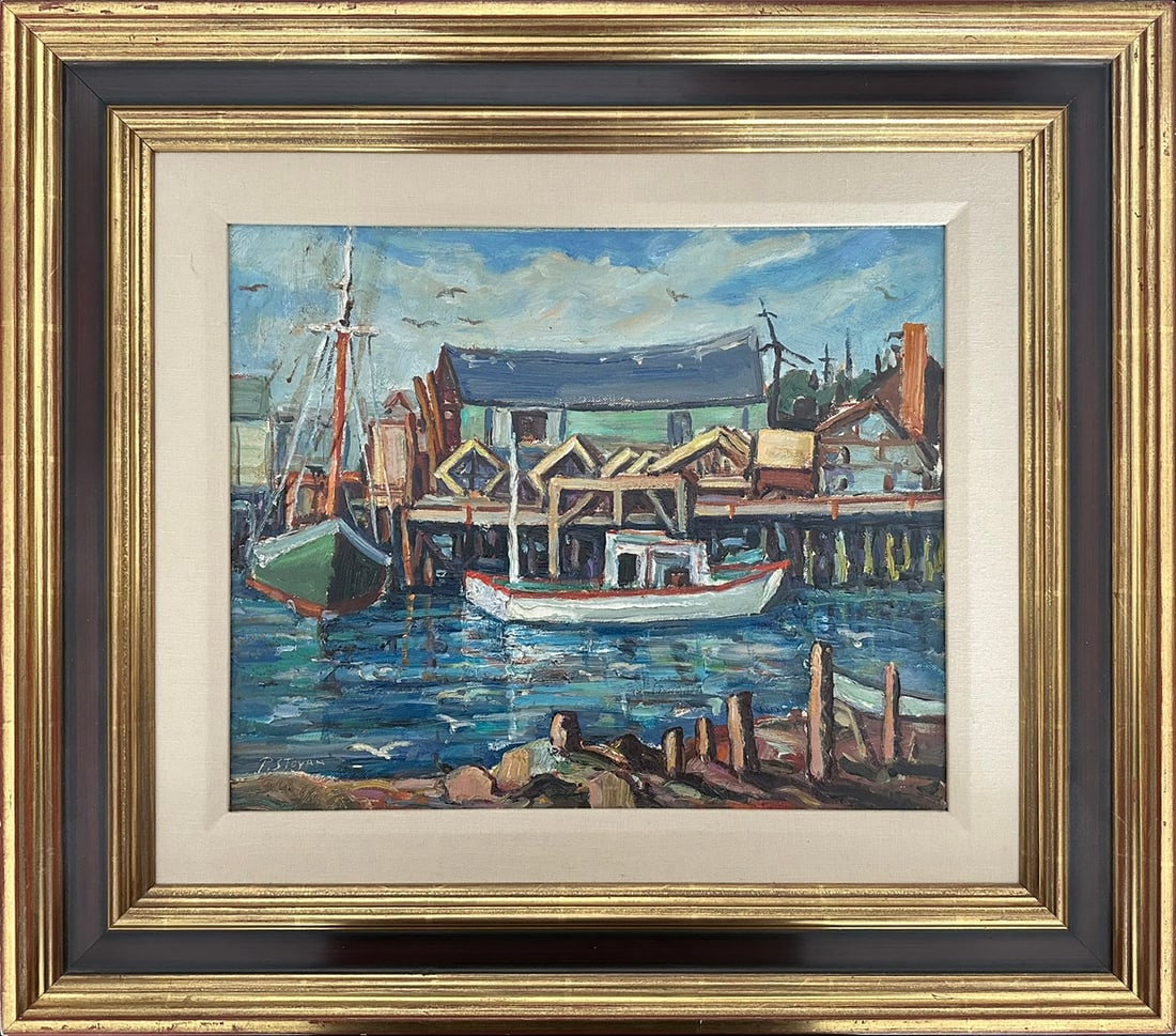 Peter Stoyan (Stoyanoff) (Canadian-American, 20th Century) - “Oyster Boats, Gloucester,: This exceptional original oil on board painting by Peter Stoyan, also known professionally as Stoyanoff, presents a richly atmospheric maritime scene titled “Oyster Boats, Gloucester, Massachusetts,