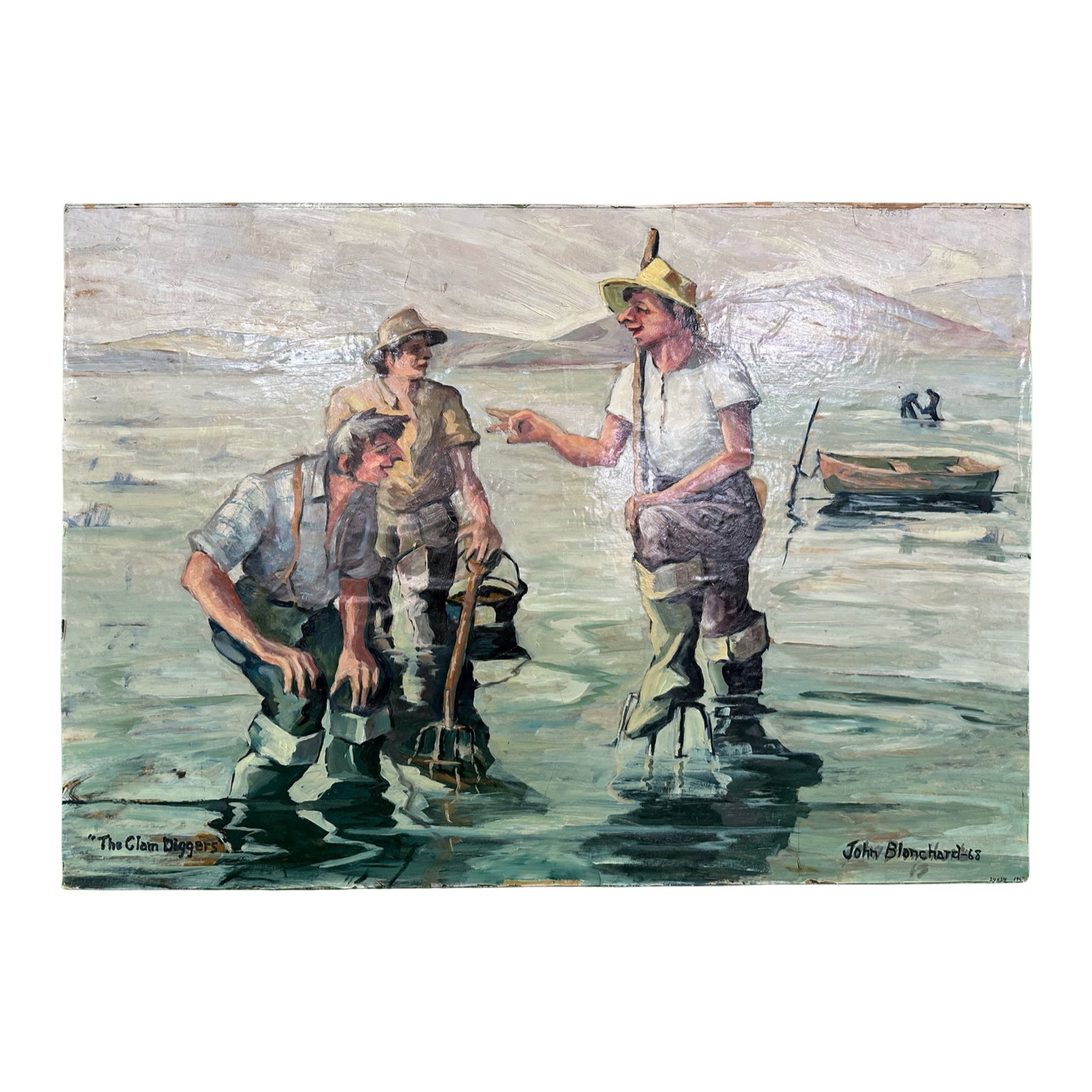 John Blonchard's "The Clam Diggers" Original Oil C. 1968: John Blonchard's "The Clam Diggers" original oil on board, circa 1968. This is a cheerful piece of three clam diggers taking a break from work, talking among themselves. A few minor abrasions to the o