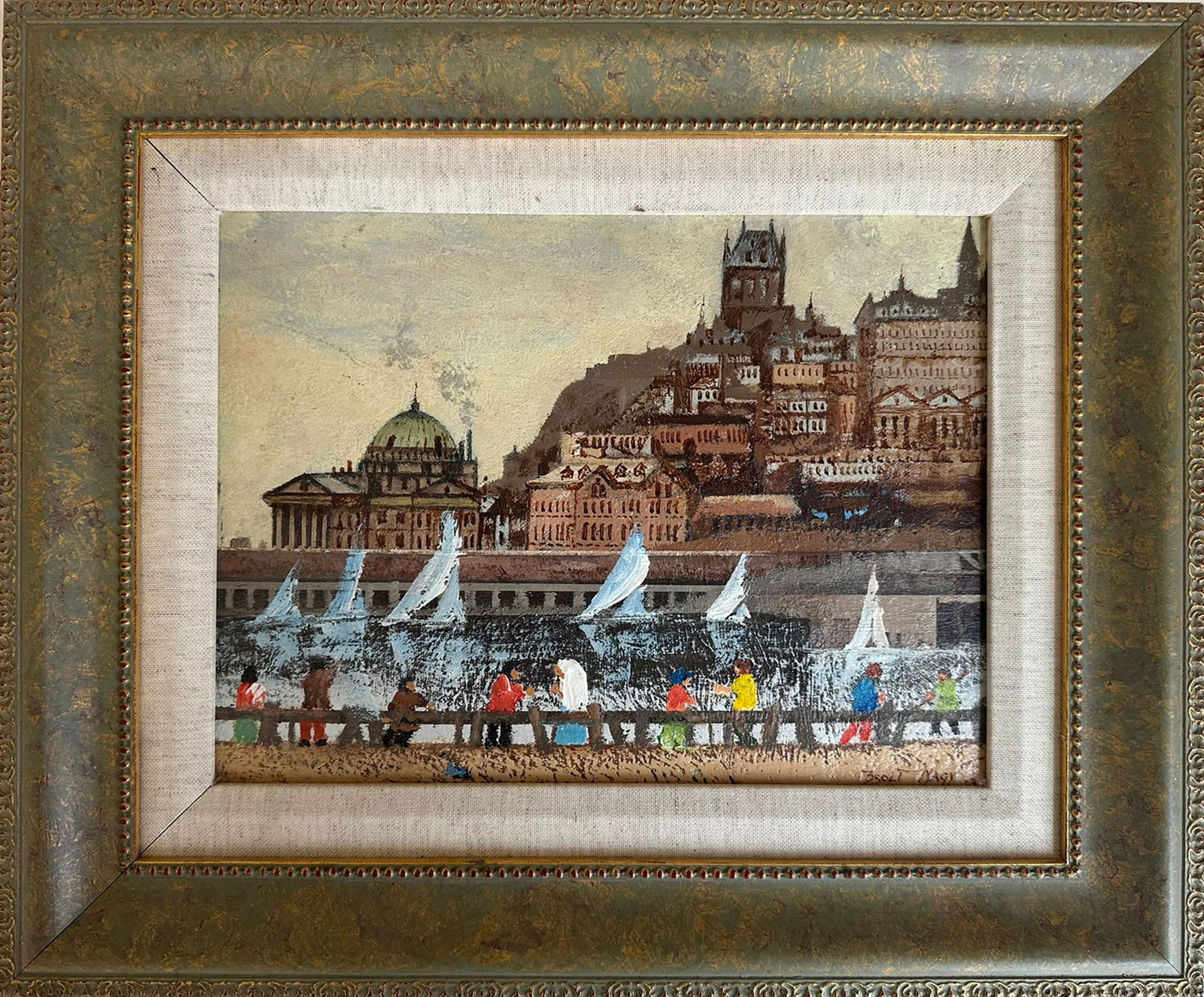 The Wind Blows on Annette by Zsolt Nagy - Original Framed Cityscape Acrylic on Board (9" x 12", 14": This captivating original acrylic painting by contemporary Hungarian artist Zsolt Nagy, titled The Wind Blows on Annette, presents a vibrant and richly textured cityscape filled with narrative and mov