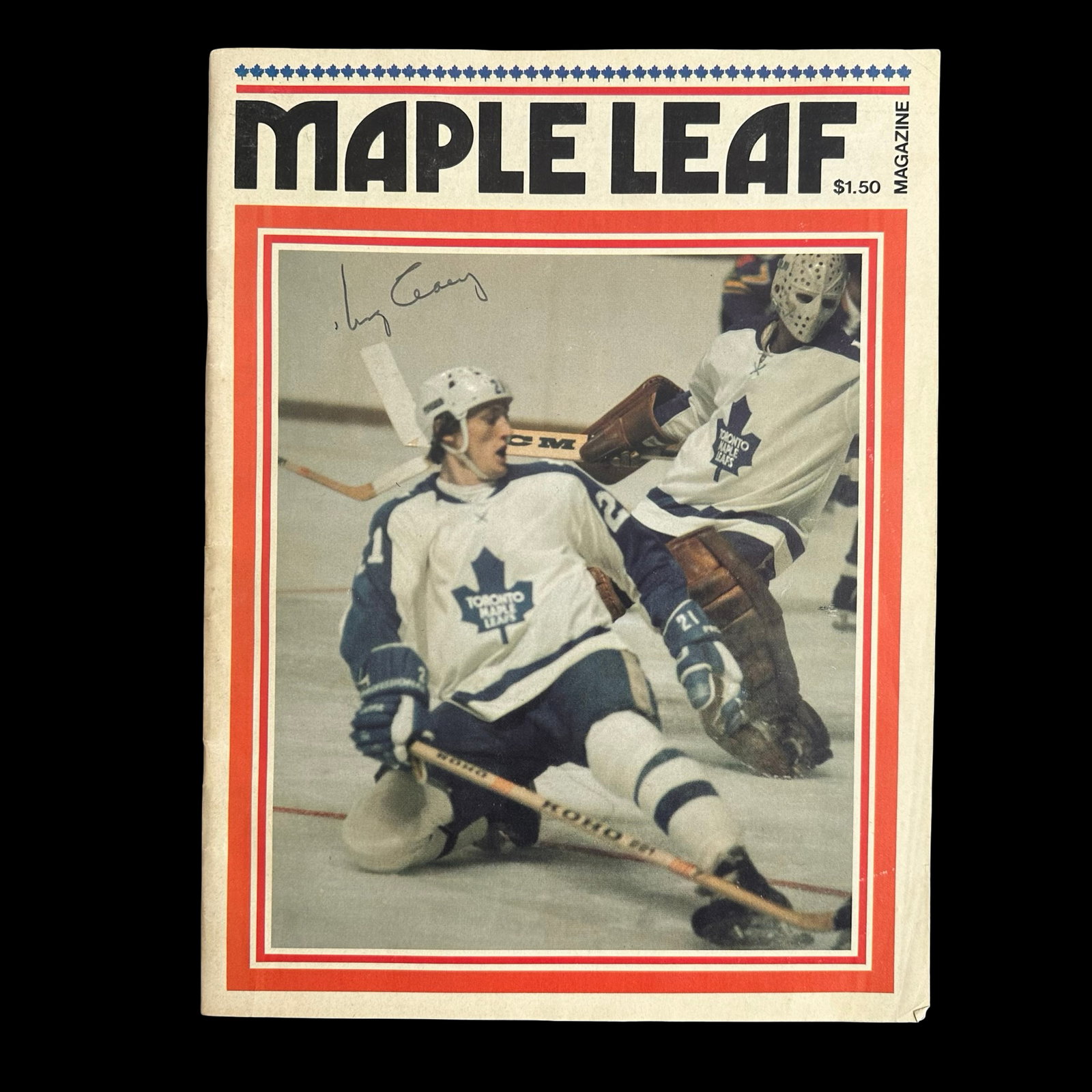 Vintage Maple Leaf Magazine Toronto Maple Leafs Program - Autographed by Hockey Hall of Famer King: Offered is an original Maple Leaf Magazine Toronto Maple Leafs program, an authentic piece of the Maple Leaf Gardens-era hockey experience, preserved with its striking, graphic cover design and period
