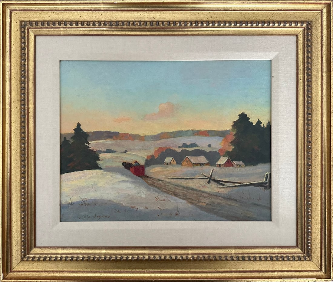 John Beynon Original Oil on Canvas Winter Landscape with Horse-Drawn Sleigh, Signed, Framed, 12 x 16: This exceptional original oil on canvas painting by John Beynon presents a tranquil winter landscape rendered with warmth, depth, and refined painterly sensitivity. The scene captures a snow-blanketed