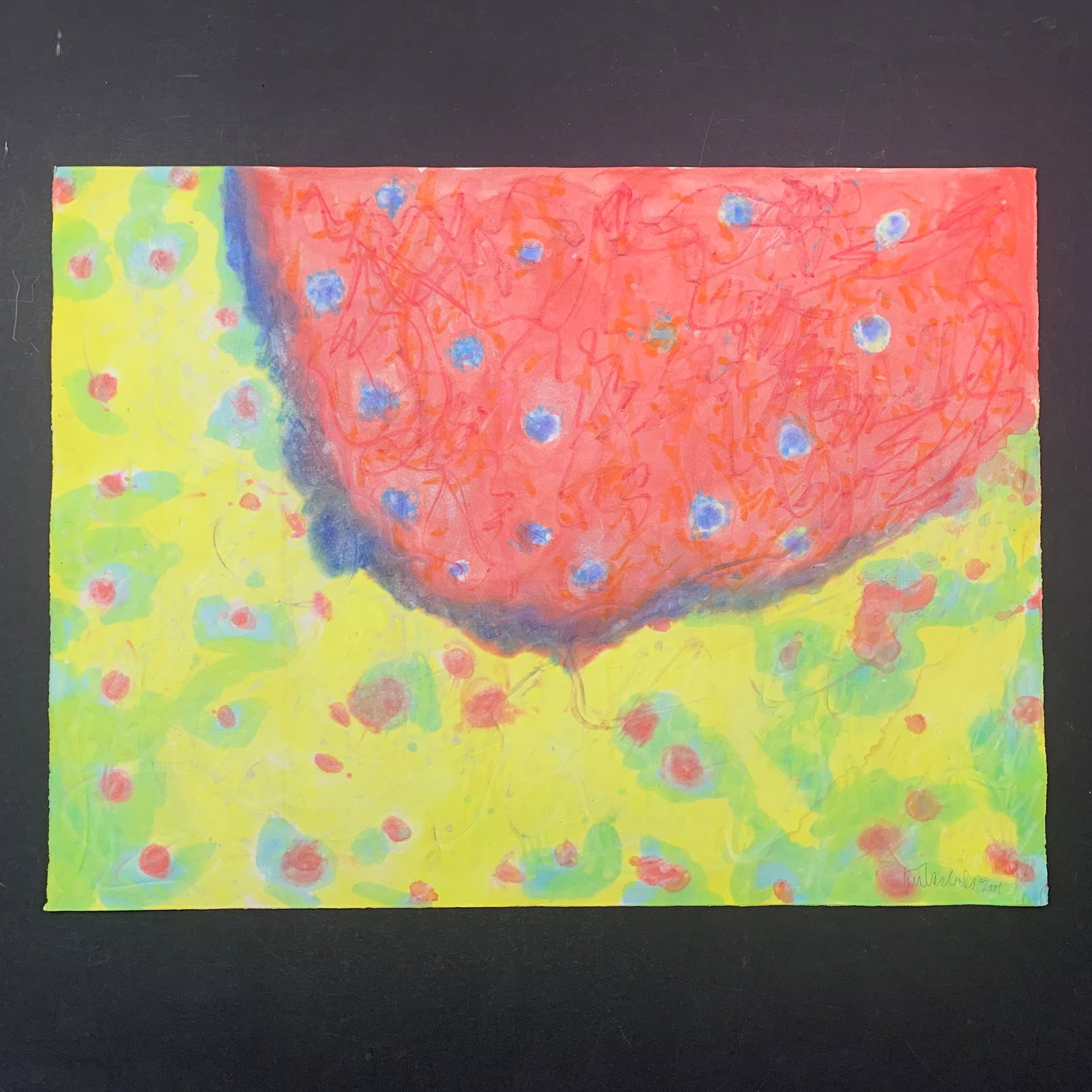 Jiri Ladocha Original: Jiri Ladocha original acrylic on paper, circa 2001, signed and dated lower right. Done in an almost abstract like style, of half a pink coloured ball, outlined in blue, with blue polka dots, against a