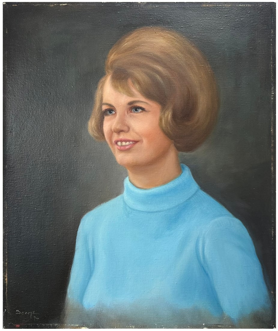 Soame's "Portrait of a Woman in Blue" Original, c. 1974: Presenting a beautifully executed, signed portrait by the artist Soame, dated 1974. This captivating oil on artist board features a refined and radiant depiction of a young woman dressed in a vivid sk