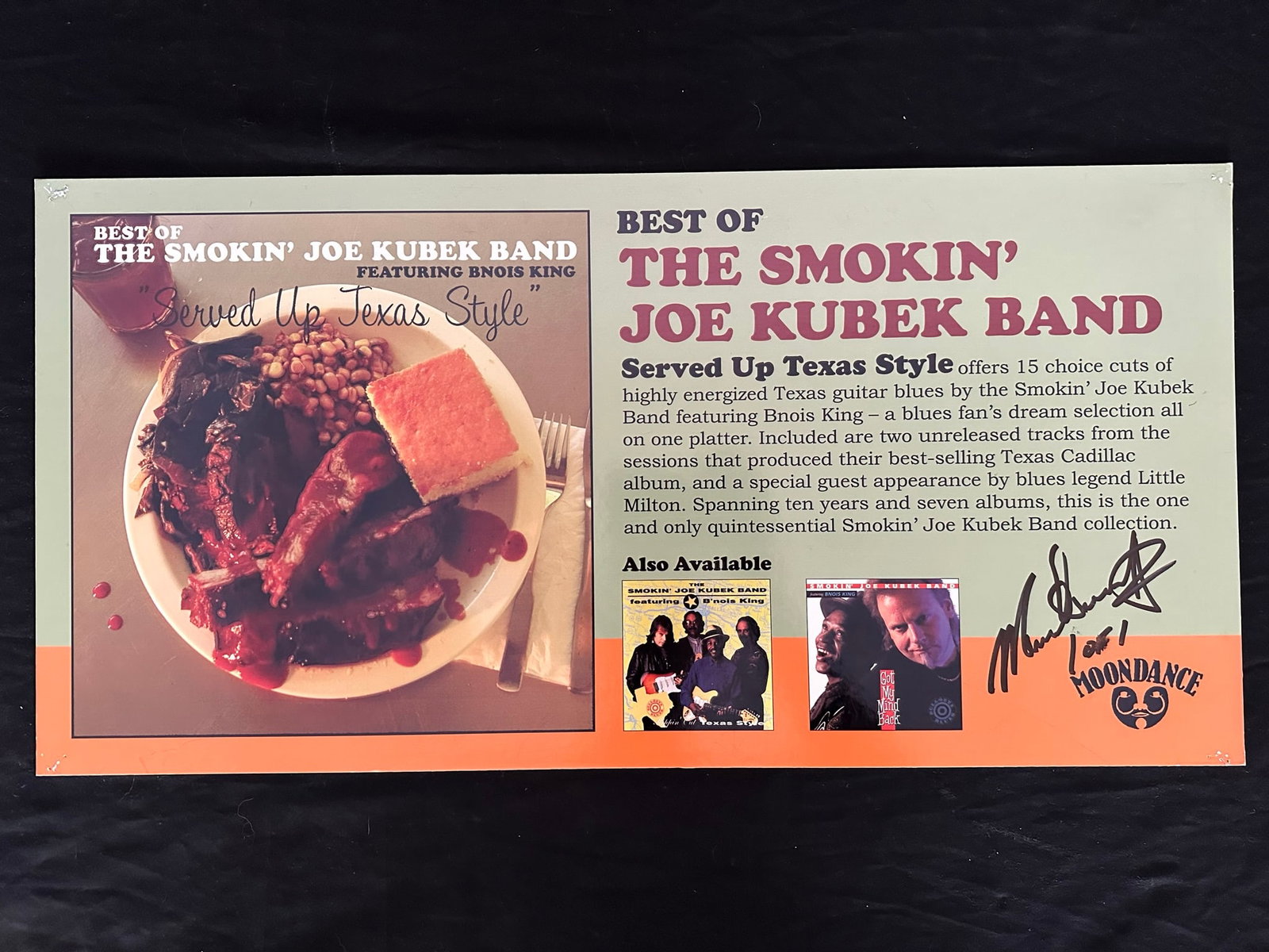 The Smokin' Joe Kubek Band Publicity Poster: The Smokin' Joe Kubek Band featuring Bnois King out of print Moondance cardboard publicity poster, signed 1 of 1. The piece shows a few pinholes as well as some very minor wear in each of the corners.
