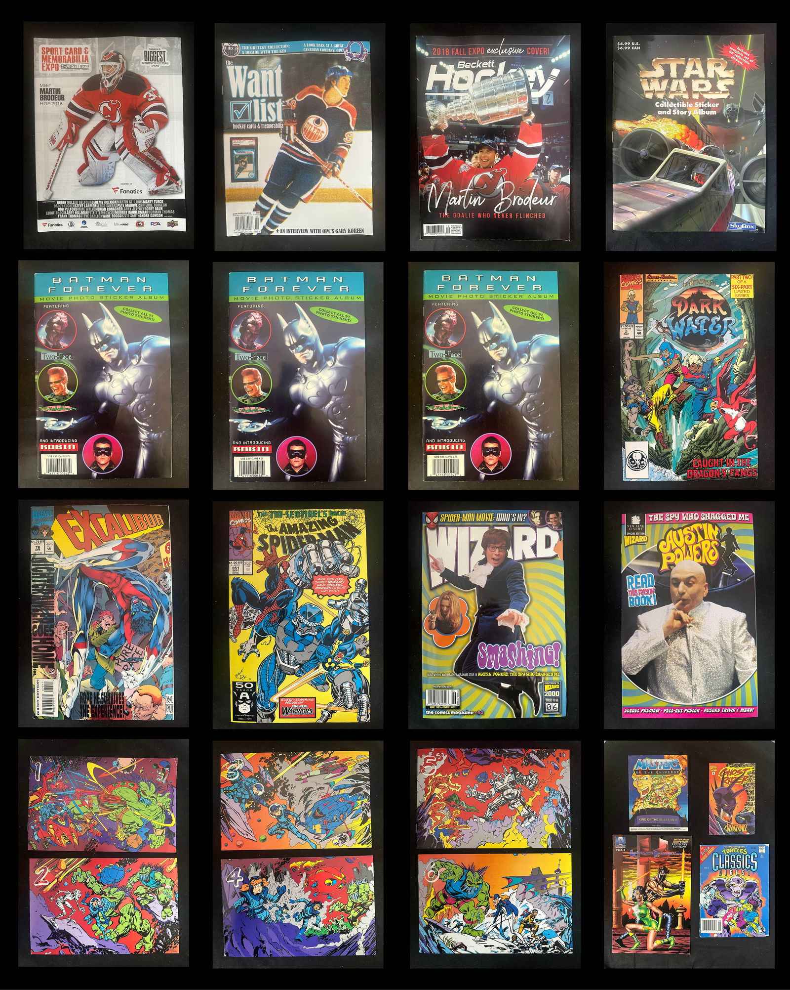 Large Vintage Pop Culture Magazine & Comic Ephemera Collection – Star Wars Sticker Album, Batman: A remarkably diverse and visually striking archive of late-20th-century and early-21st-century pop-culture printed ephemera, representing the vibrant intersection of comic books, collectible card cult