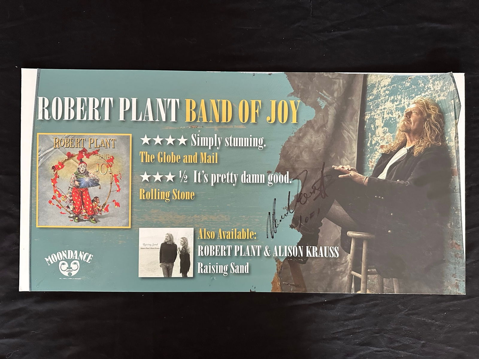 Robert Plant "Band of Joy" Publicity Poster: Robert Plant "Band of Joy" out of print Moondance cardboard publicity poster, signed 1 of 1. This piece shows signs of peeling at left and right edges. Image: 12" x 24".