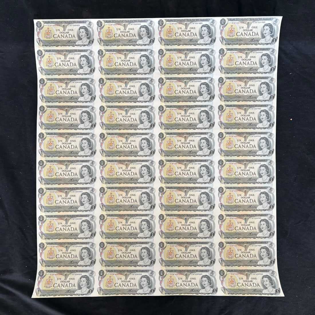 Complete uncut sheet of 40, of the 1973 $1 banknote rolled up in a tube, appears f-vf (1 of 10)