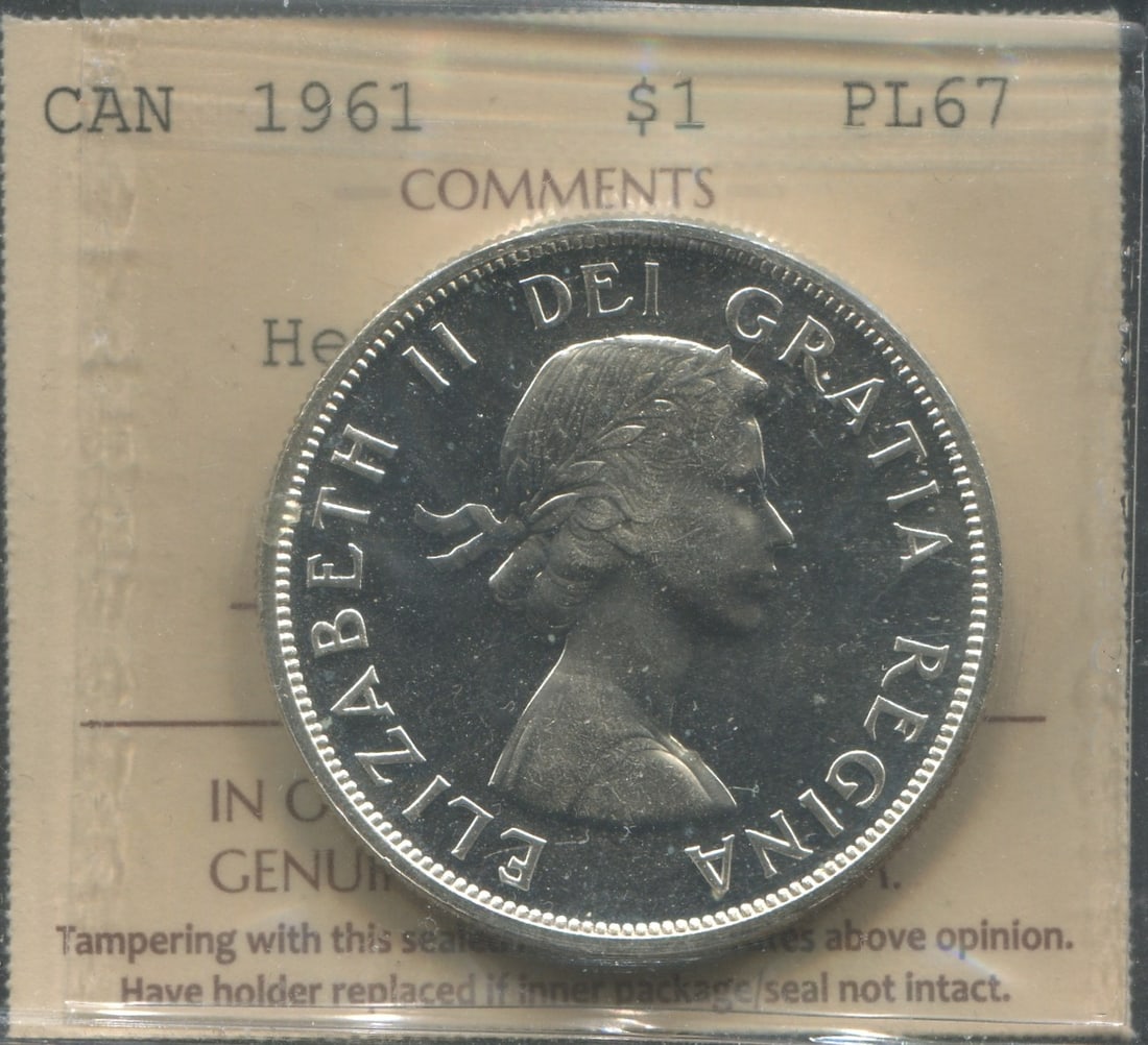 Canadian 1961 $1 proof like silver dollar, with ICCS certificate, stating ICCS PL67 Heavy Cameo (1 of 2)