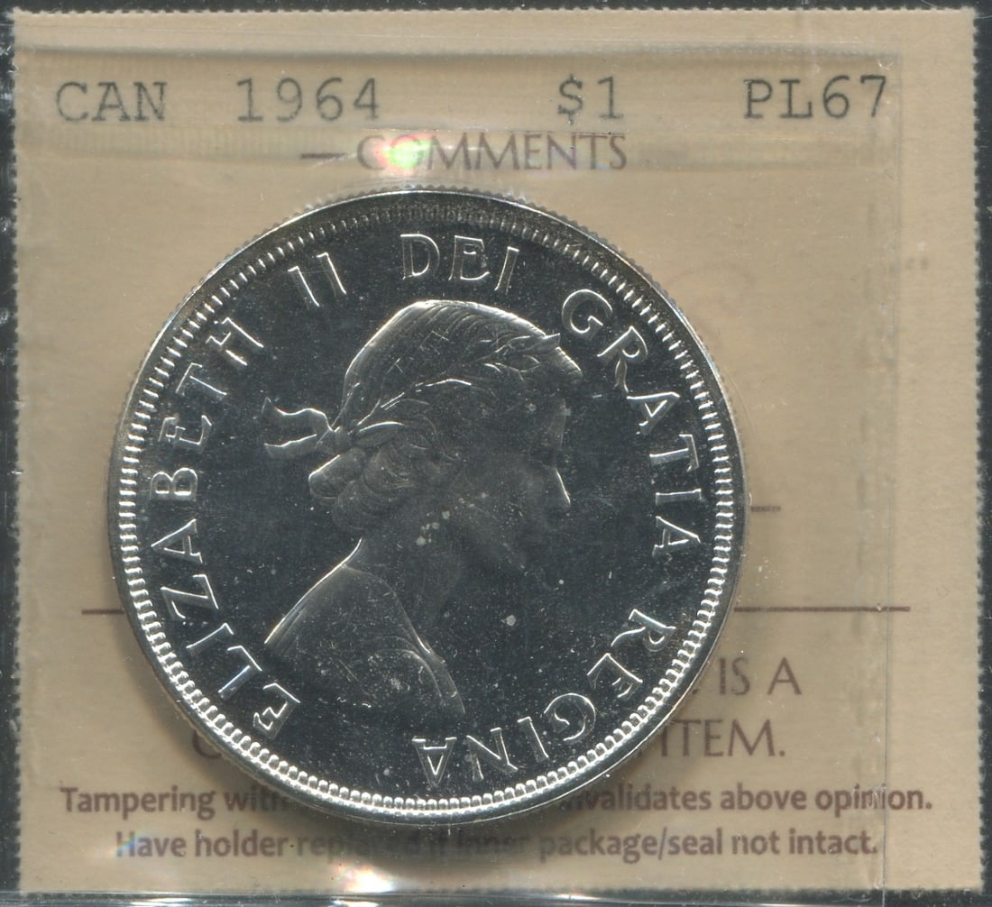 Canadian 1964 $1 proof like silver dollar, with ICCS certificate, stating ICCS PL67 (1 of 2)