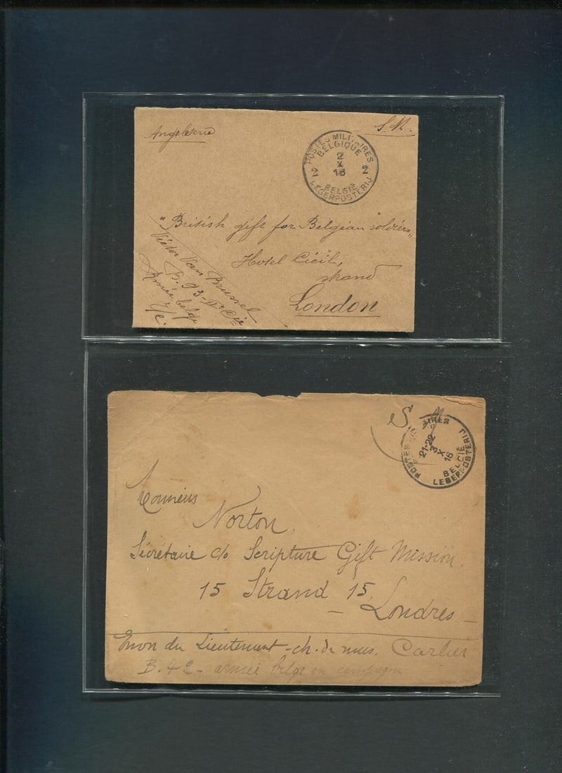 Belgium 1916, two stampless miltary covers Belgium to London ONTARIO, appears f-vf (1 of 2)