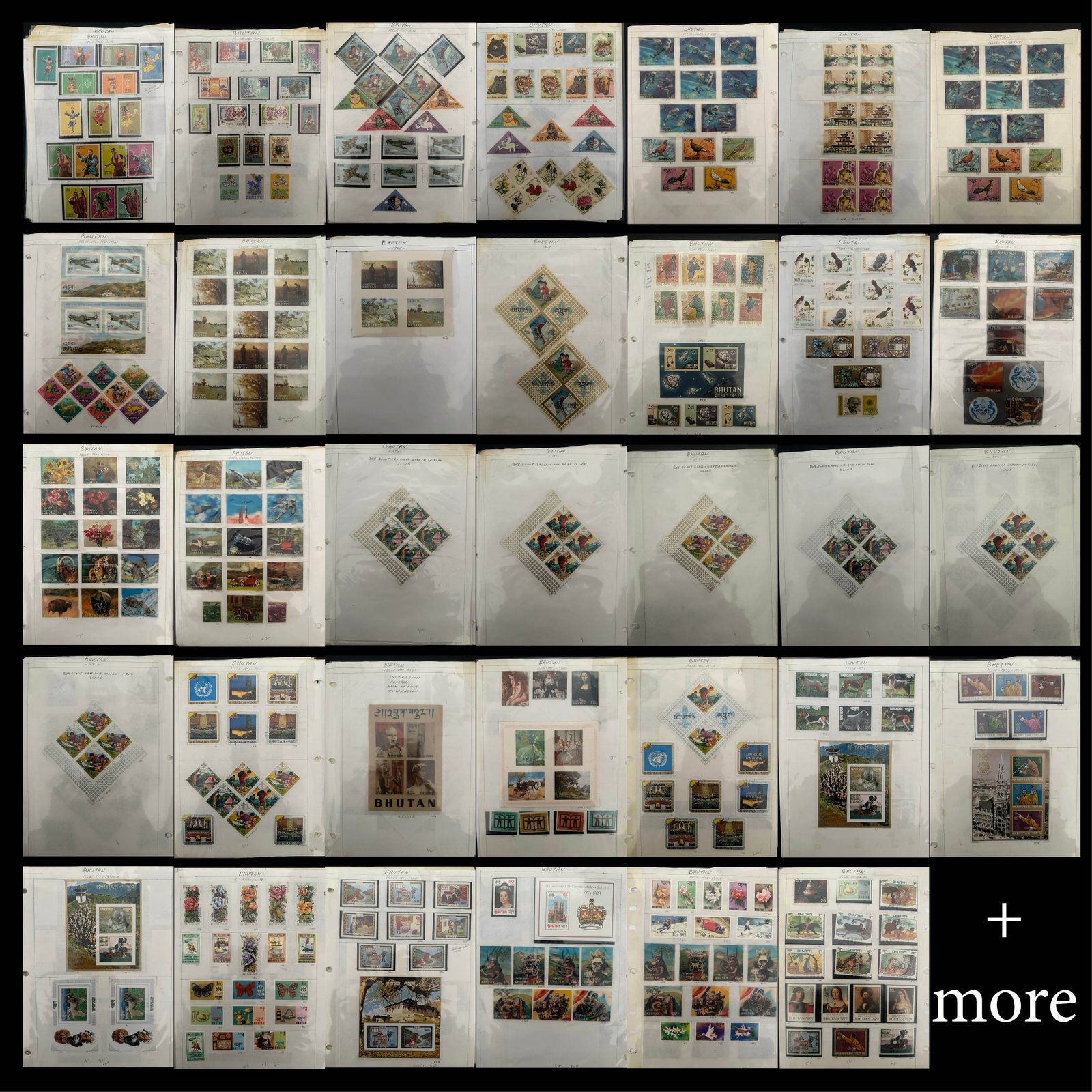 Bhutan 1964 - 1987 #15 / 606, a MH collection on leaves, Scott value $1070, expect some duplication, (1 of 9)