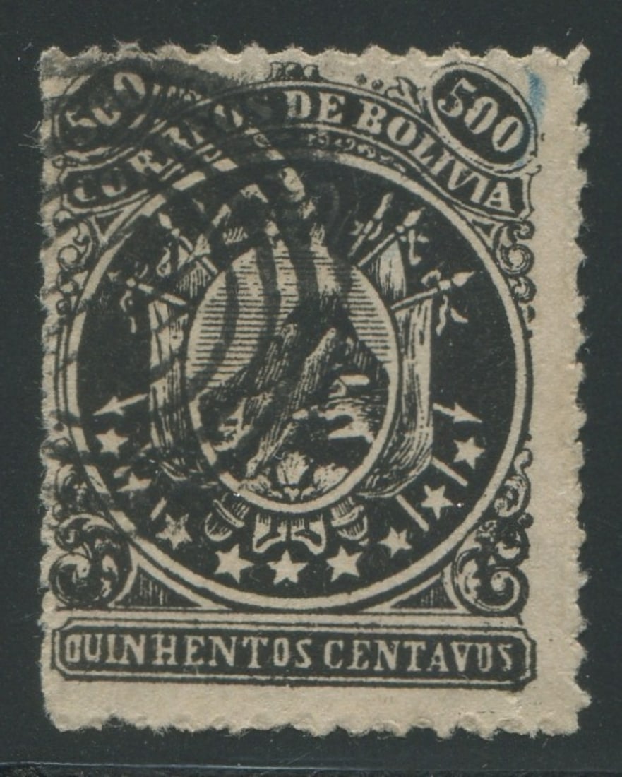Bolivia 1868 #14, used 500c black with "9 Stars", off centre and rough perforation, Scott value (1 of 1)