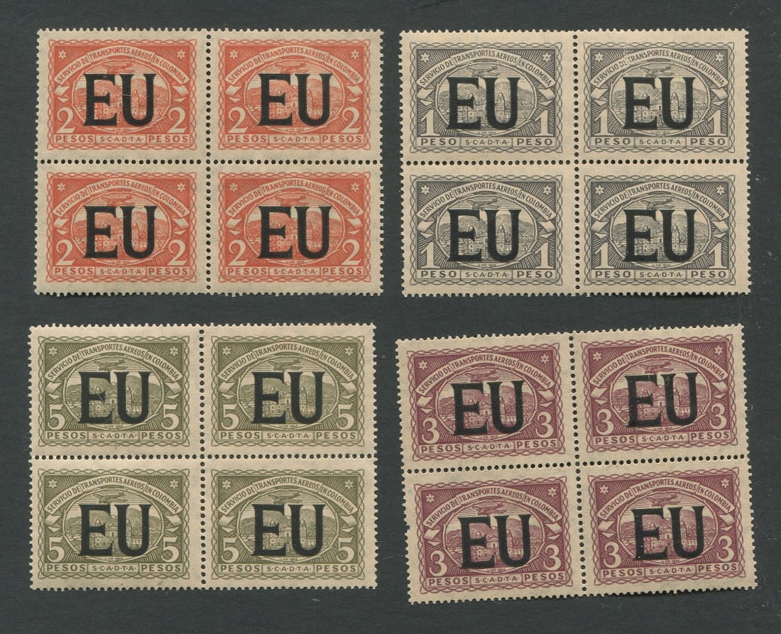 Columbia - SCADTA 1923 #CLEU57 / #CLEU60 1 peso to 5 peso in blocks of four with 10mm letters "EU" (1 of 1)