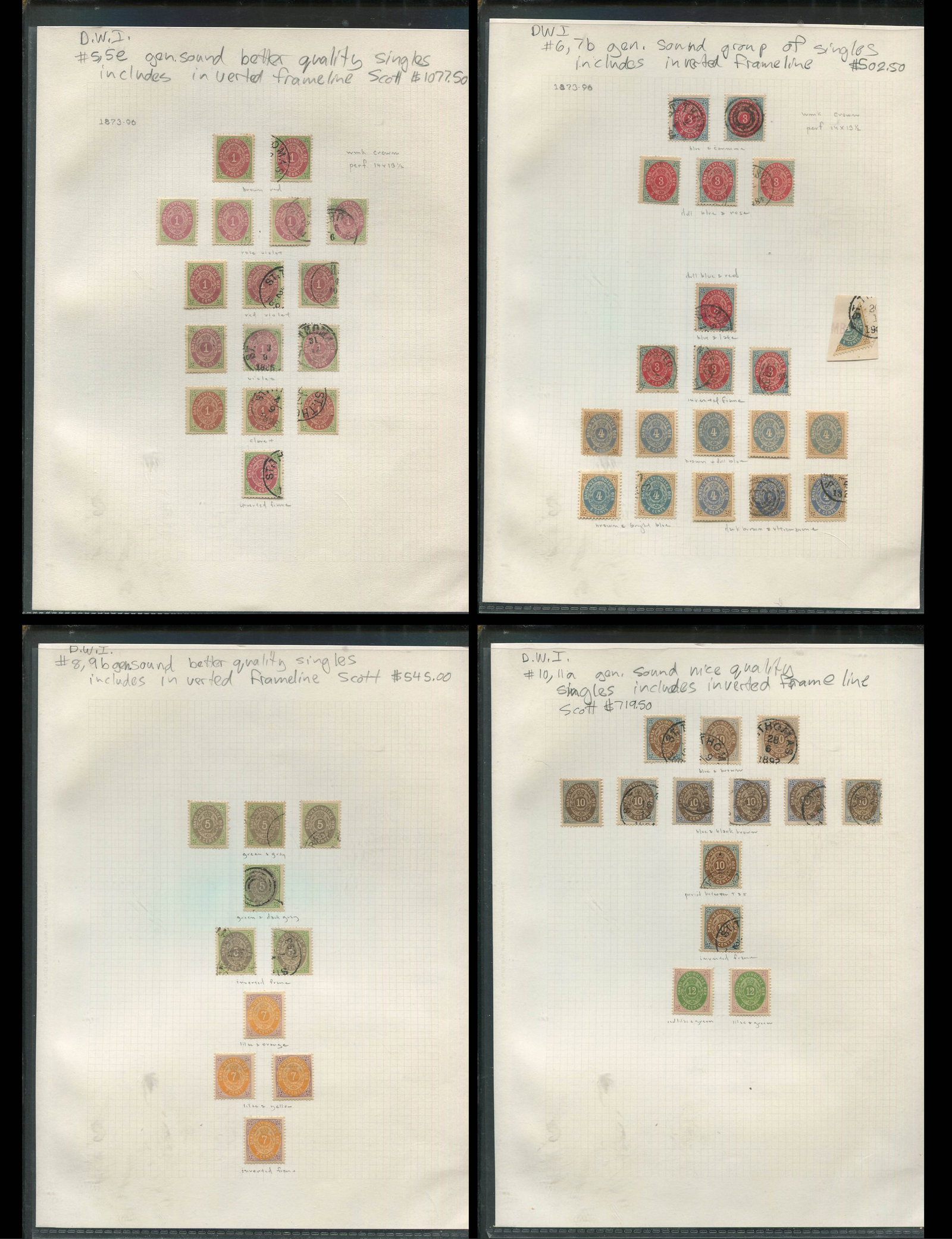 Danish West Indies 1874 #5 -#11a, a MH and used specialized group of 1c to 12c, with shades and (1 of 5)