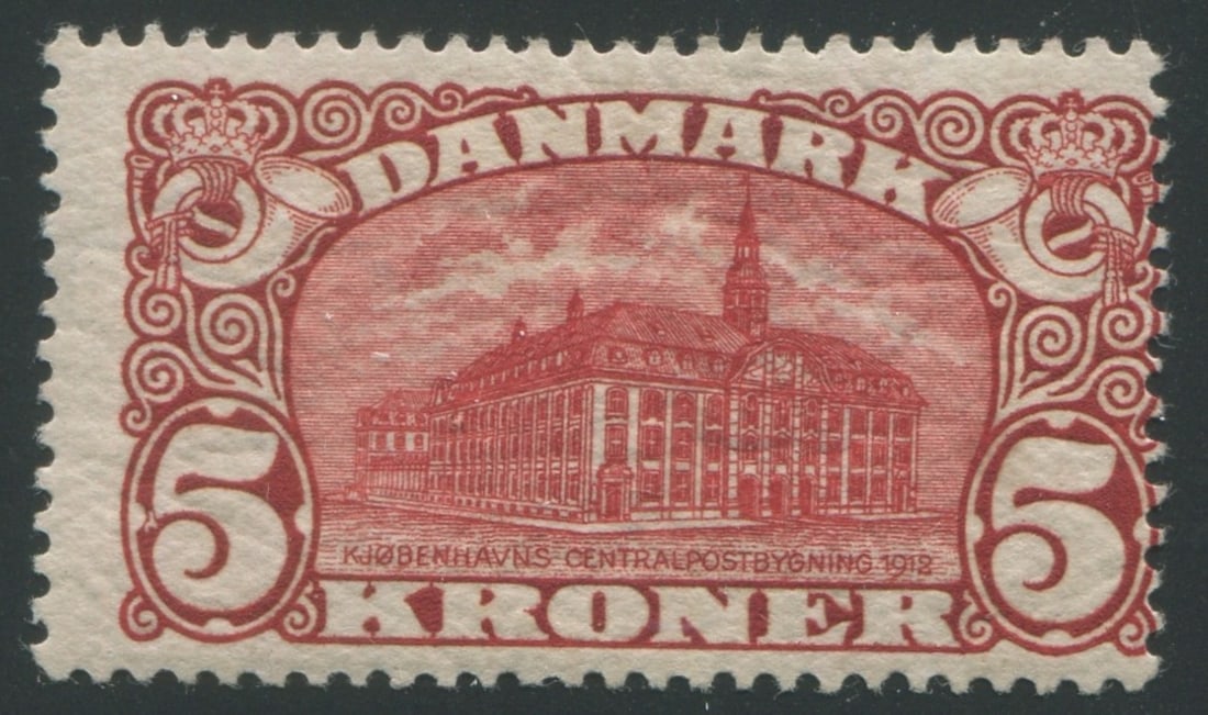 Denmark 1912 #82, a MLH 5k dark red, perf 13, wmk 113, Scott value $500 off centre to the right, (1 of 2)