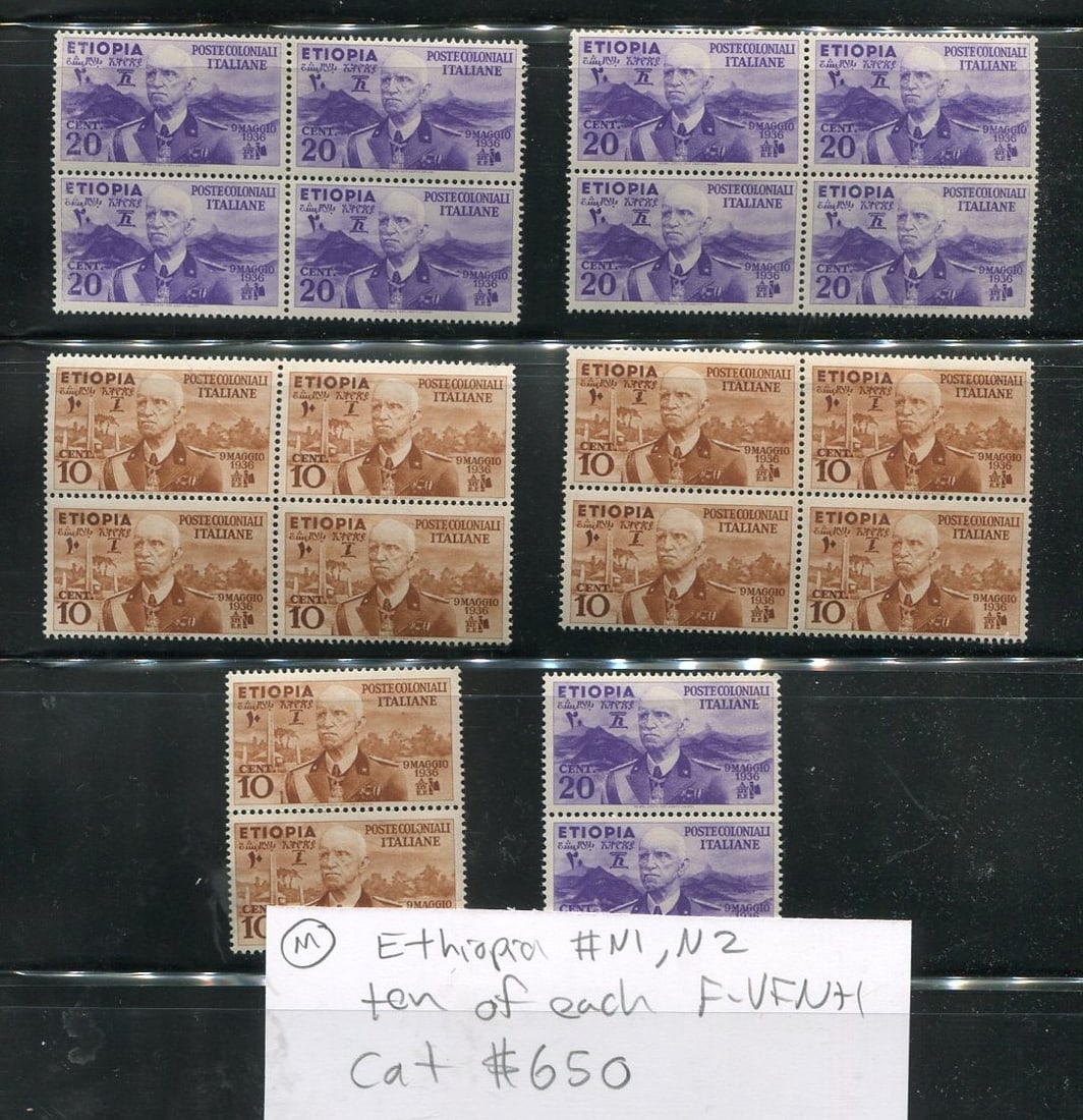 Eithiopia 1936 # N1 and N2, a MNH group of ten of the 10c orange brown and 20c purple in two blocks (1 of 1)
