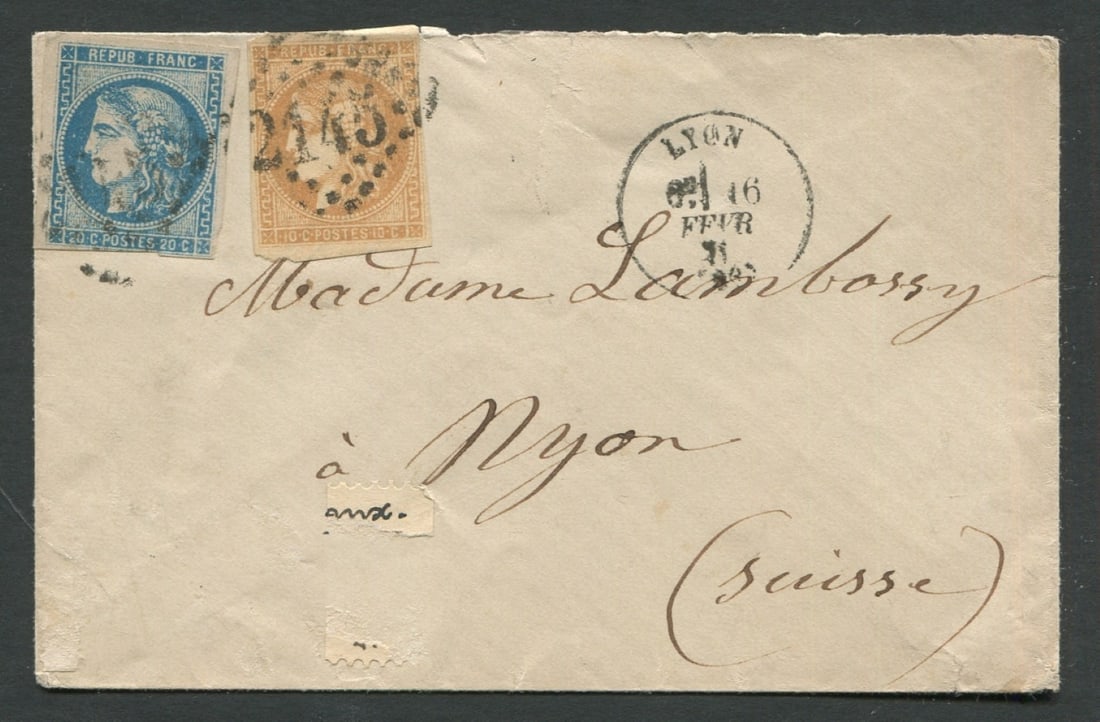 France 1870 - 1871 #42 and #45 tied by 2145 diamond cancel locally sent with Lyon, appears f-vf (1 of 2)