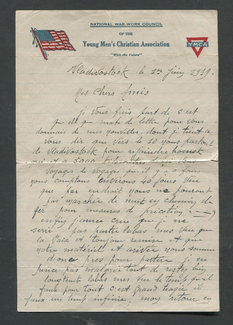 Russia 1919, a French written letter on YMCA stationery from French anti Bolshevik Forces in (1 of 2)