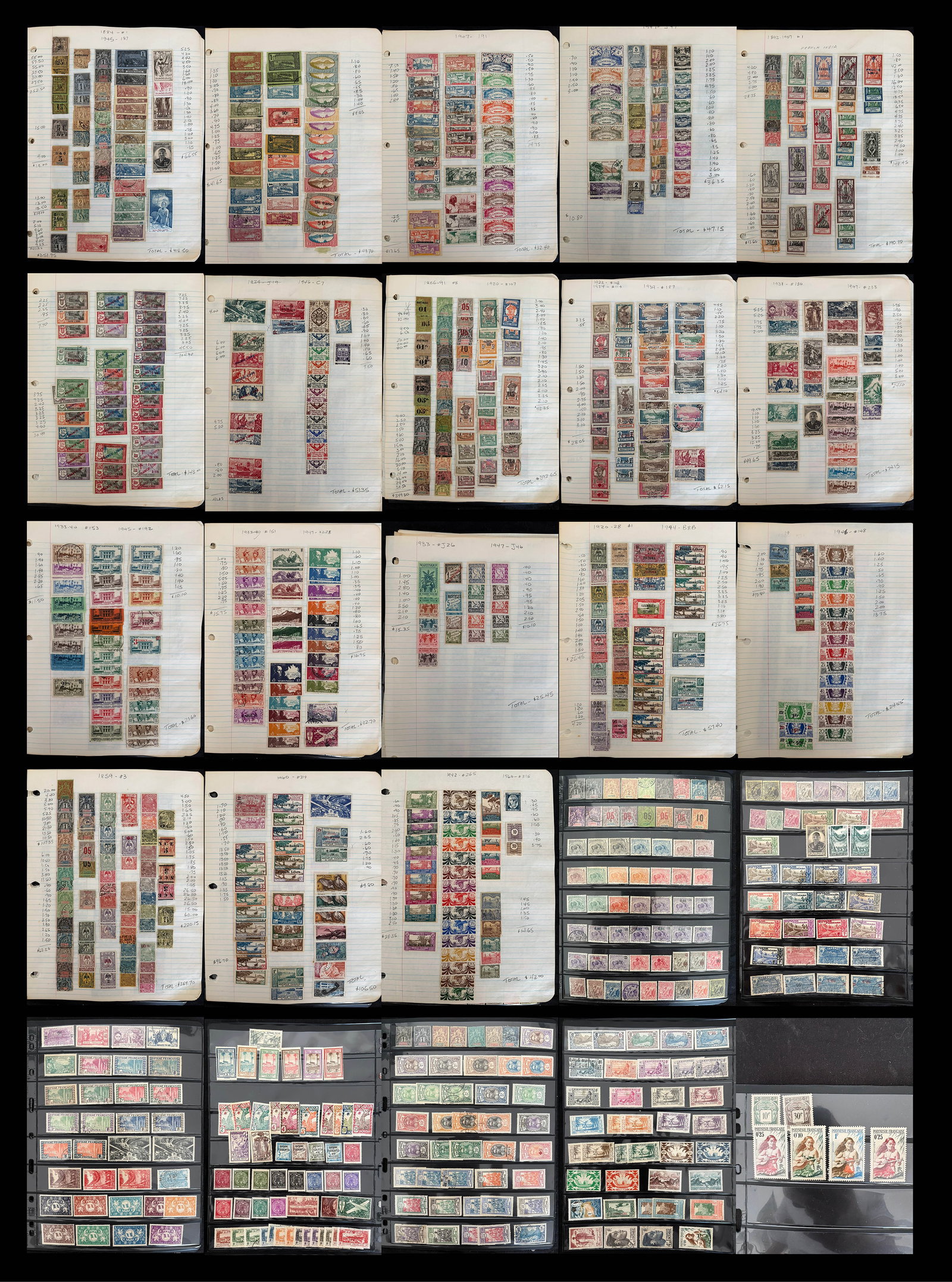 French Colonies 1859 - 1960, a MH and used selection on owners homemade leaves, includes Polynesia, (1 of 6)