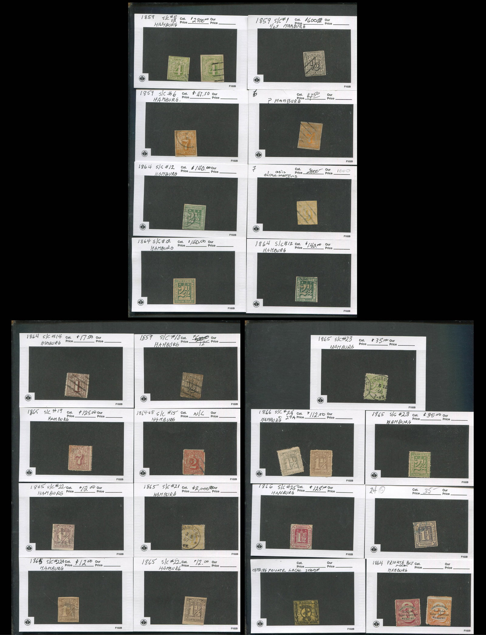 German State - Hamburg 1859 - 1864 #1 / #25, a unused and used selection neatly identified on 102: German State - Hamburg 1859 - 1864 #1 / #25, a unused and used selection neatly identified on 102 cards, plus two locally printed private post stamps, Scott value if all are genuine $5548, please note