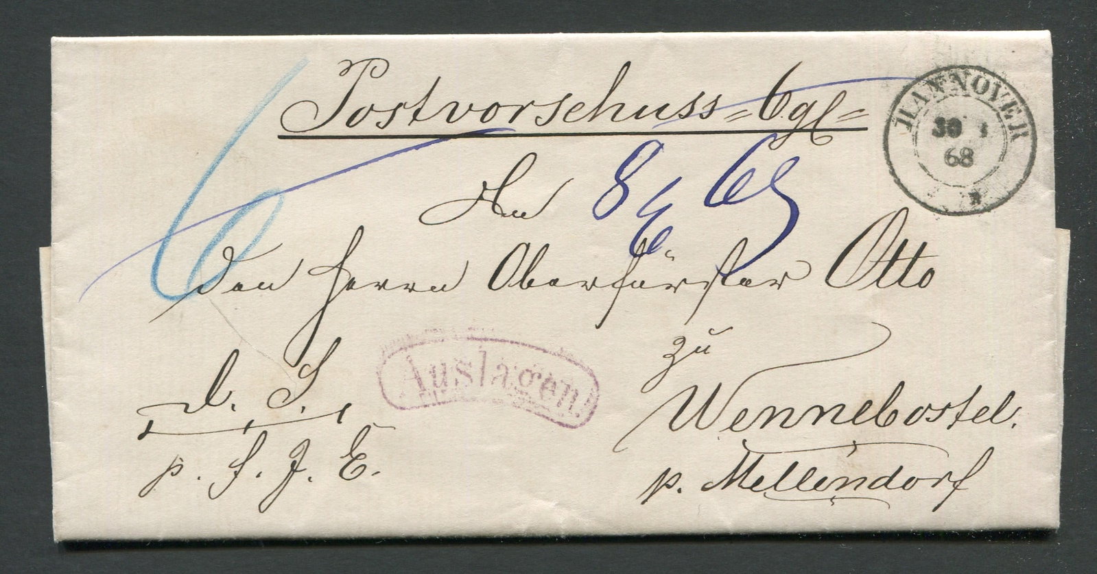 Hanover 1868, a stampless folded letter to Mellendorf, a nice clean cover, appears f-vf (1 of 2)