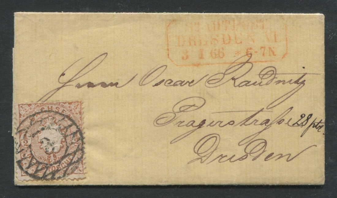 Saxony 1861 - 1867 #16a 6pf vermilion, tied on a miniature folded letter to dresden, clean, appears (1 of 2)