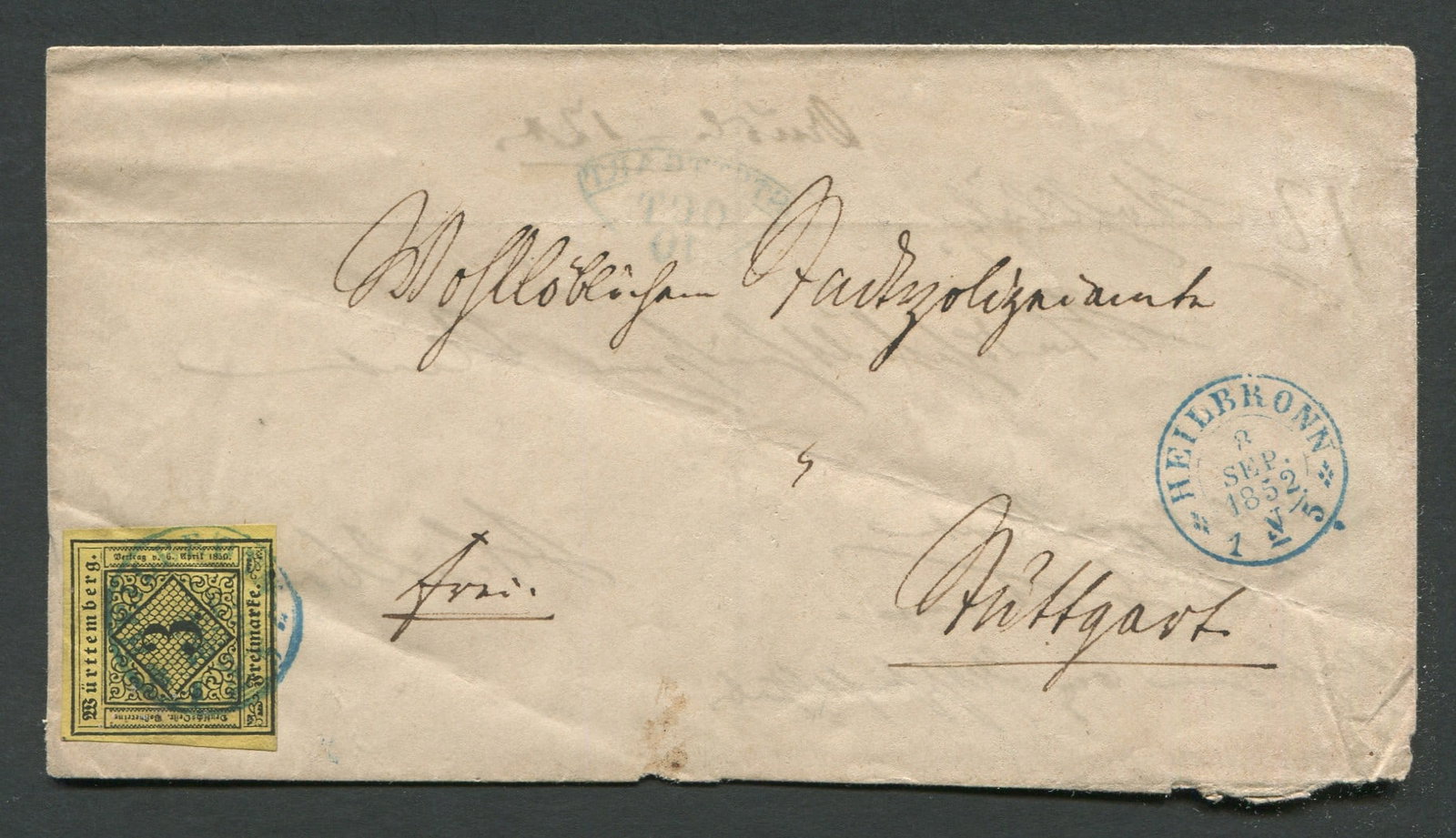Wurttemberg 1851-1852 #2, a 3kr yellow and black tied to a folded letter with Hellbronn cds in blue: Wurttemberg 1851-1852 #2, a 3kr yellow and black tied to a folded letter with Hellbronn cds in blue dated Sept 8, 1852, appears f-vf