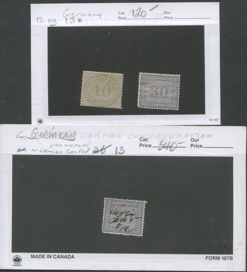 Germany 3 stamps, 1 #12 mint ng, 1 #13 MH, 1 #13 used with manuscript cancel, Cat. $660.00 (1 of 1)