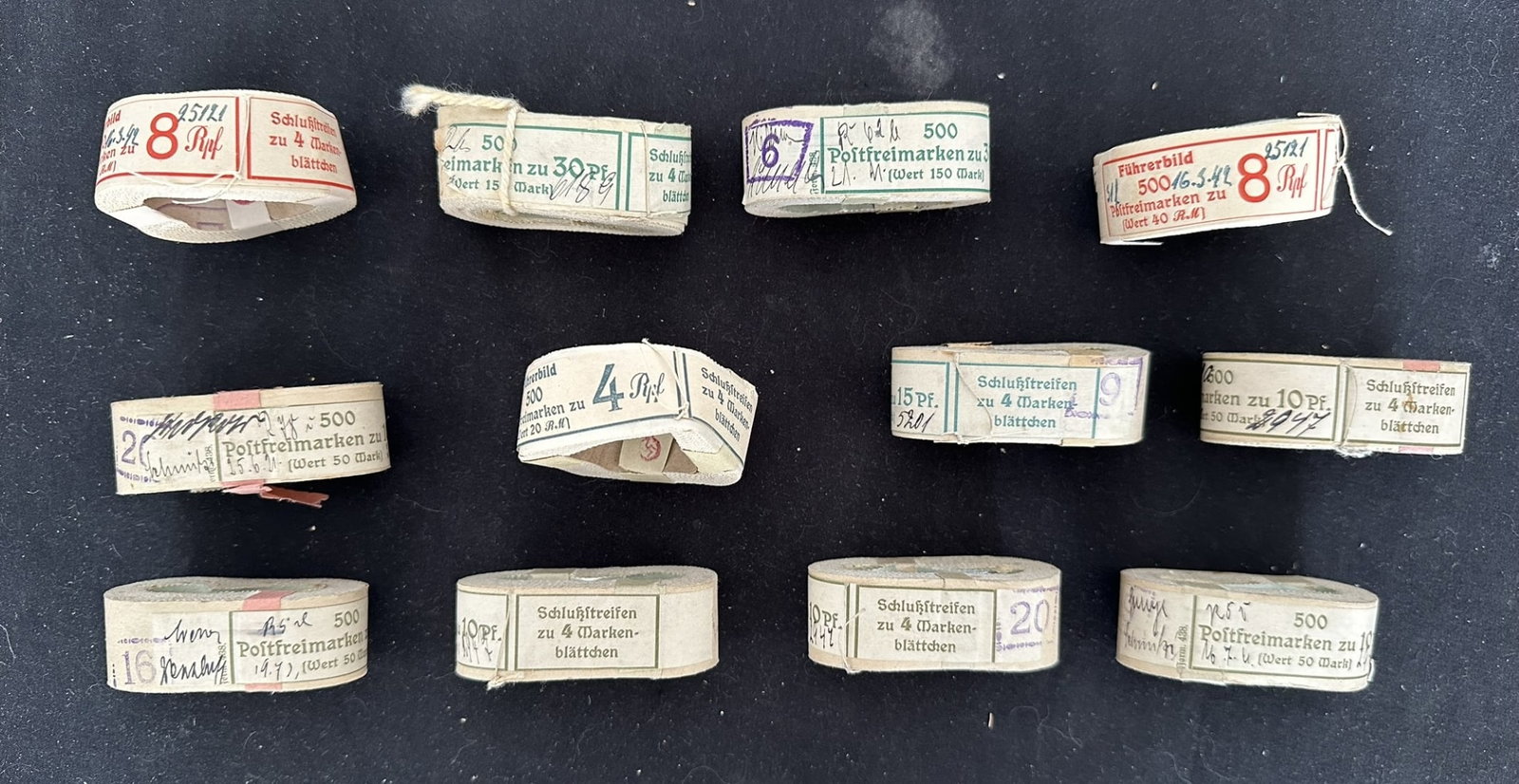 Germany 1921 -1941, #138 / #511, a group of twelve complete coils, with bands and starter strips, (1 of 2)