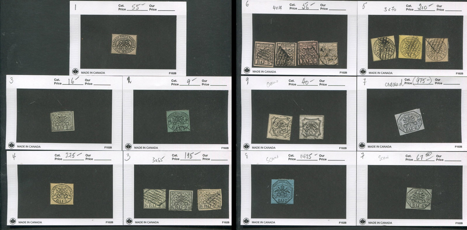 Italy - Roman States 1852 #1 / #8, a MH and used selection, neatly identified in 102 cards,Scott: Italy - Roman States 1852 #1 / #8, a MH and used selection, neatly identified in 102 cards