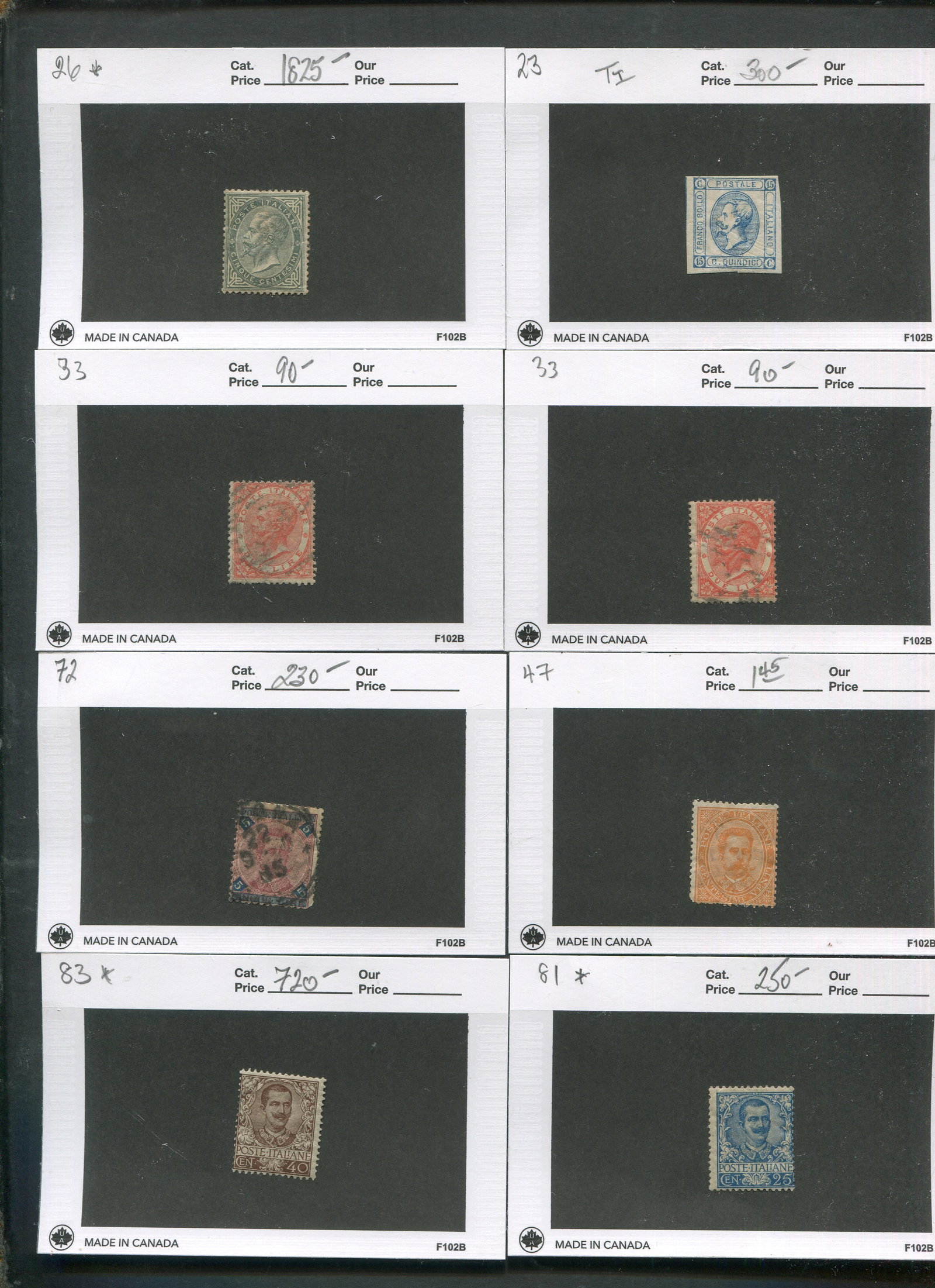 Italy, small early mint and used lot. 8 stamps on 102 cards, 1863-1926 Cat. $3500.00 (1 of 1)