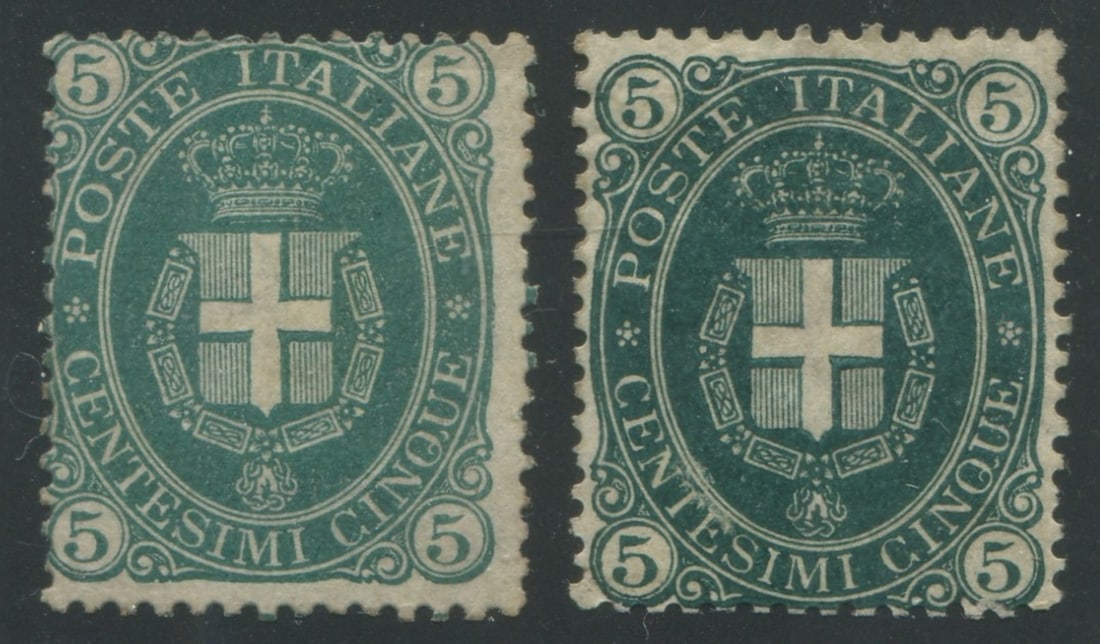 Italy 1889 #52, two MH 5c dark green (with shades), Scott value $1550,one has disturbed gum and (1 of 2)