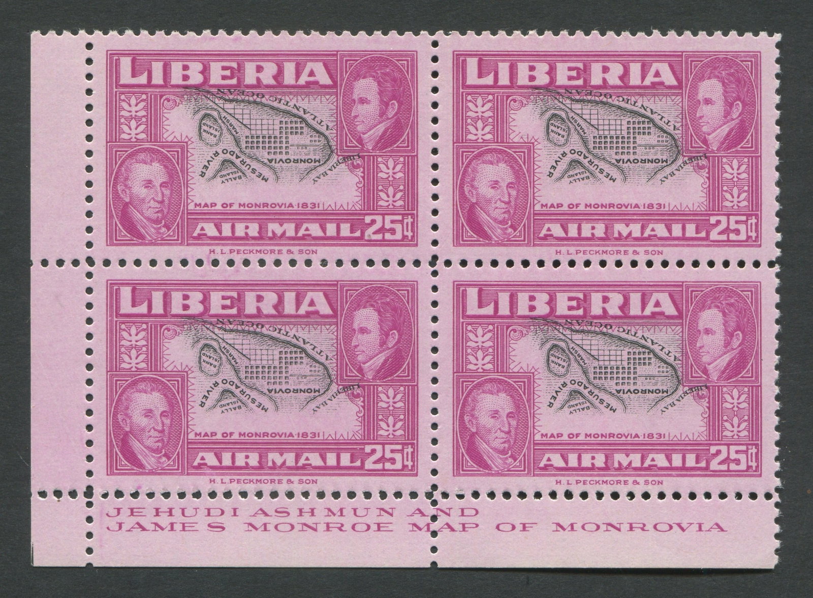 Liberia 1952 #C68, a MNH 25c red and black airmail issue LL corner inscription block, with inverted (1 of 2)