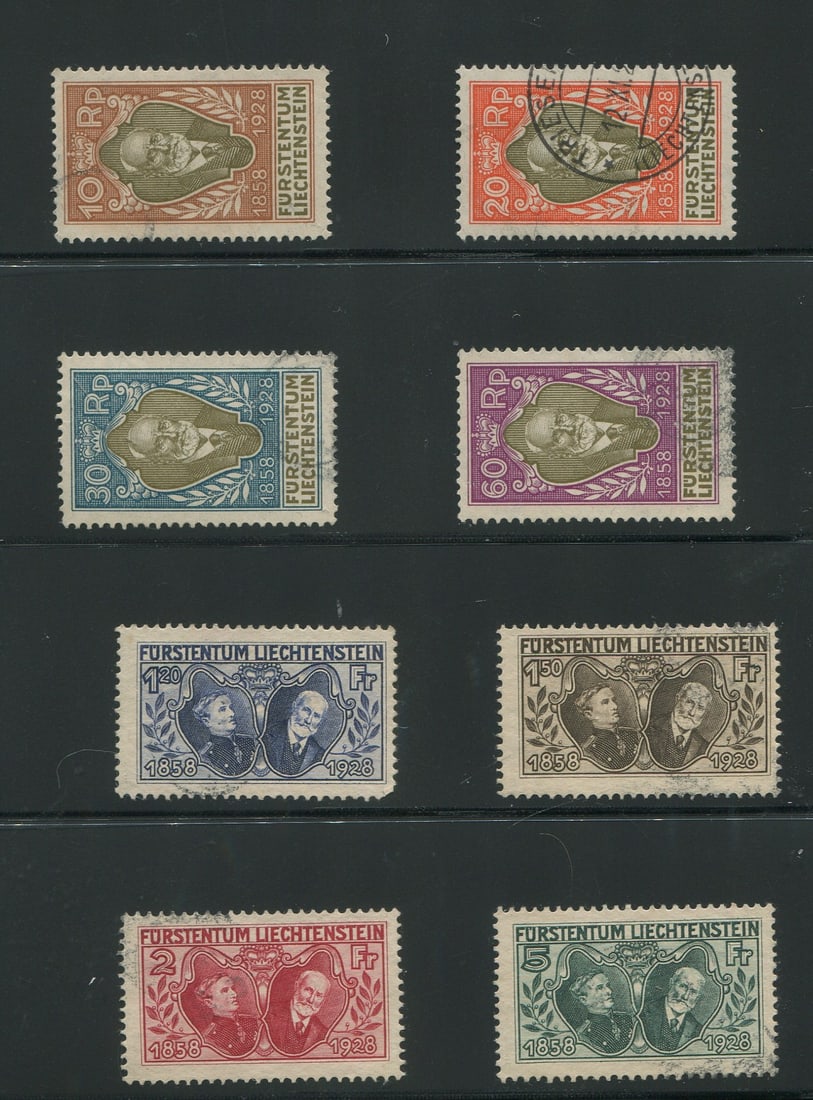 Liechtenstein 1928 #82 / #89, a used complete set 10ro to 5fr, Scott value $868, appears f-vf (1 of 1)