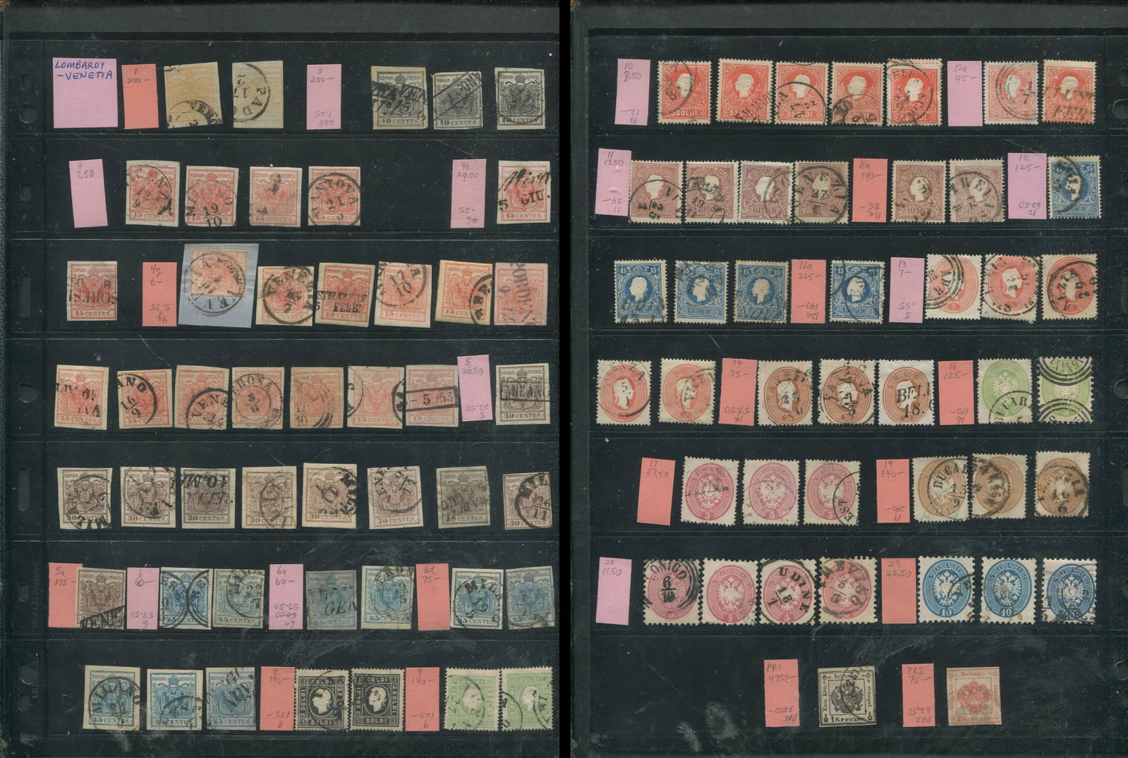 Lombardy and Venetia 1850 - 1864, #1 / #23, a used selection on a double sided stocksheet, all neat (1 of 3)