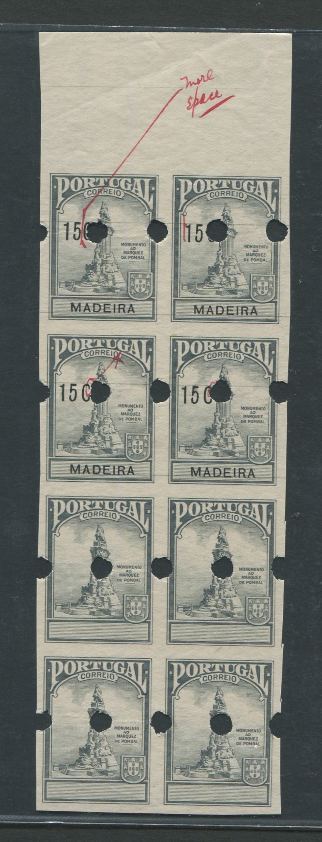 Madeira 1925 #RA3 15c grey and black Postal Tax Stamp, in a vertical block of eight printers proof, (1 of 2)