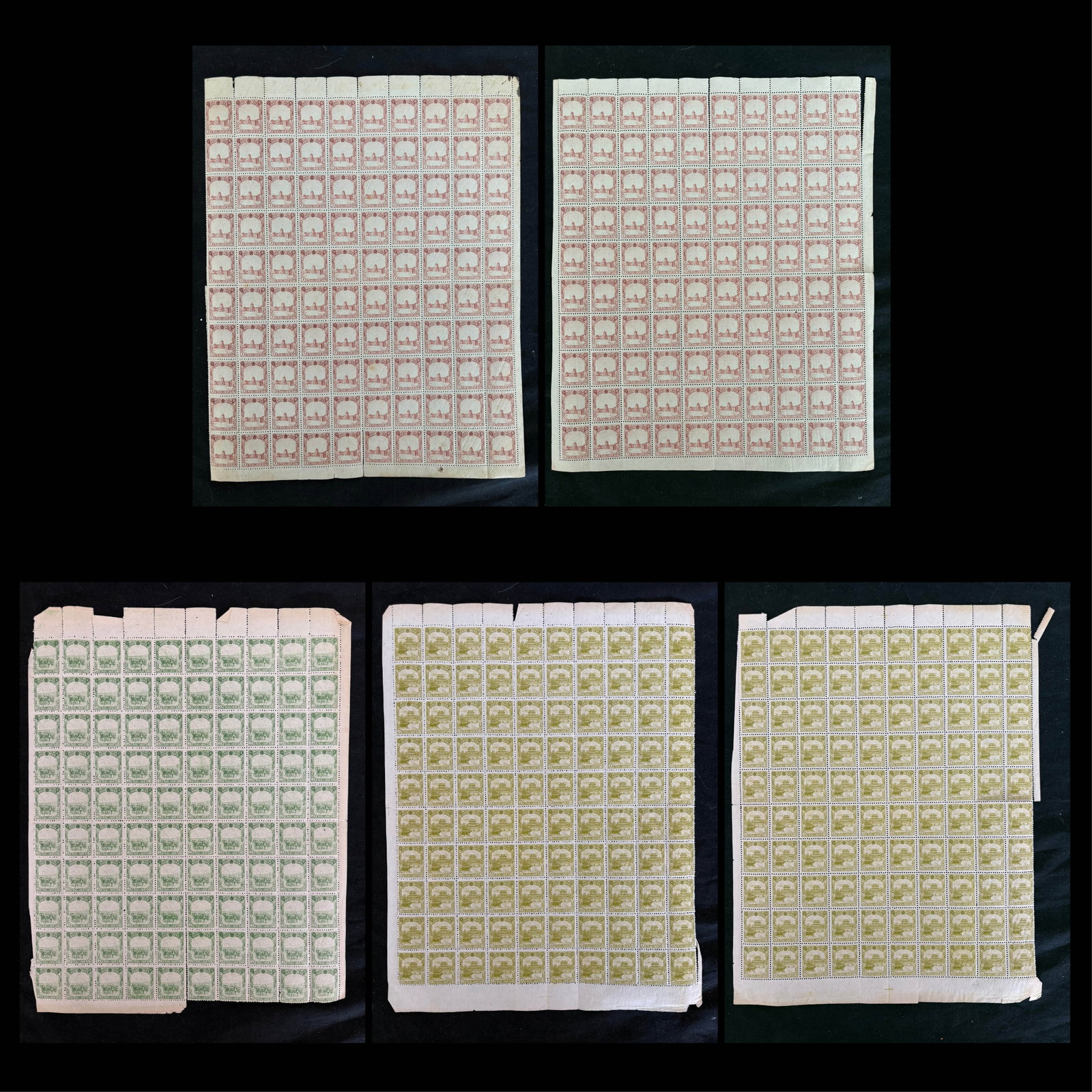 Manchukuo 1936 -1937, #84 / #88, a MNH group of 5 complete sheets (10 x 10), includes #84 1f red (1 of 6)