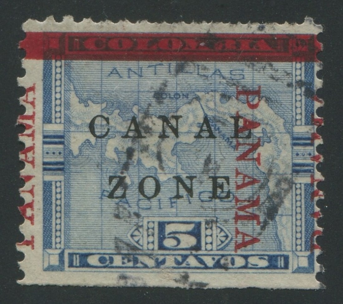 USA - Canal Zone 1904-1906 #12d, a used 5c blue with Canal Zone in black and Panama in red, with Red (1 of 2)