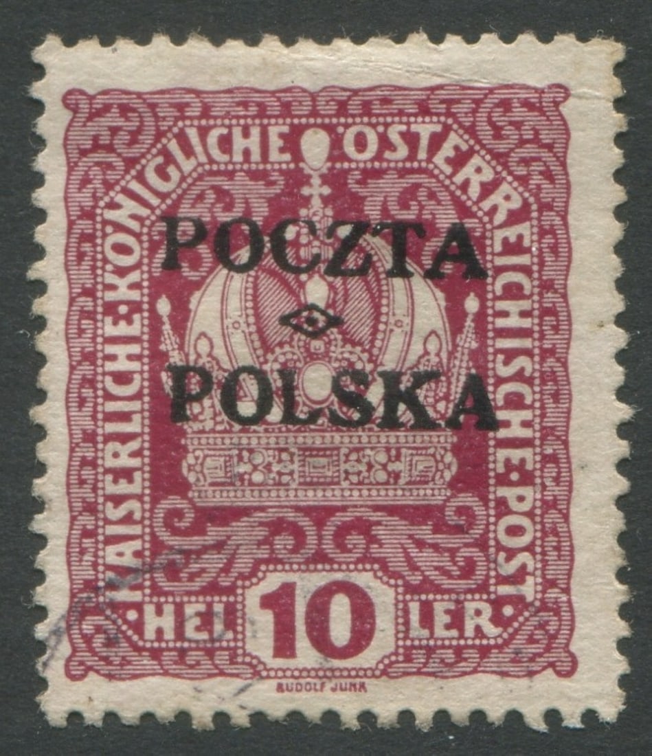 Poland 1919 #44 a used 10h magenta, Scott value $500, has a diagonal crease to UR corner, ootherwise (1 of 1)
