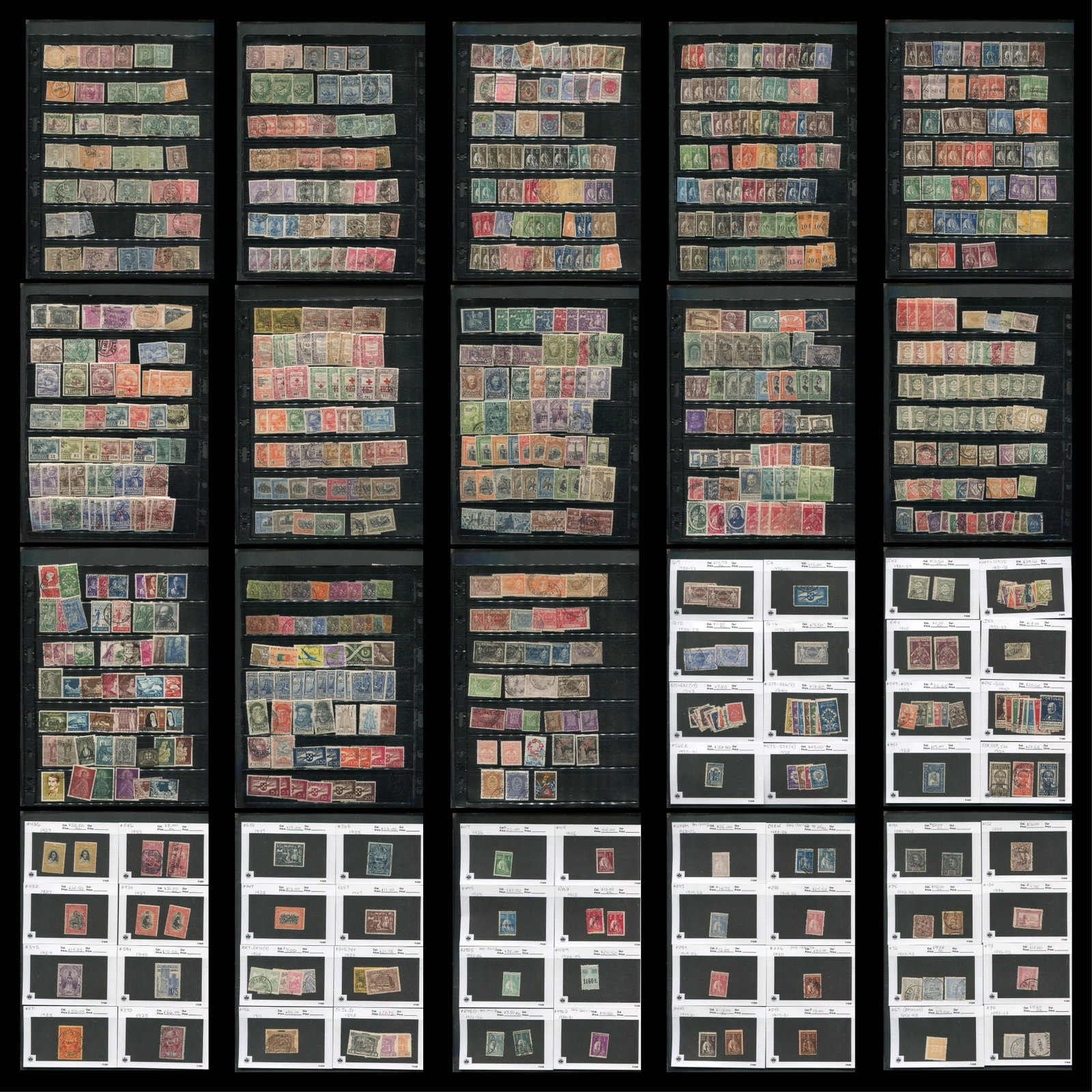Portugal 1892 - 1960 #67 / #870, a MH and used selection on stocksheets and neatly identified on 102: Portugal 1892 - 1960 #67 / #870, a MH and used selection on stocksheets and neatly identified on 102 cards, scott value $2801.25, expect some duplication, appears f-vf