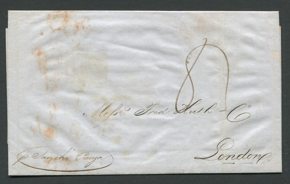 South America 1838, stampless folded letter to London, England, carried on "Saucho Panza", letter: South America 1838, stampless folded letter to London, England, carried on "Saucho Panza", letter bears a large red circular date stamp with "Ships Letter" dated June 28, 1838 and a fee of 8d was char