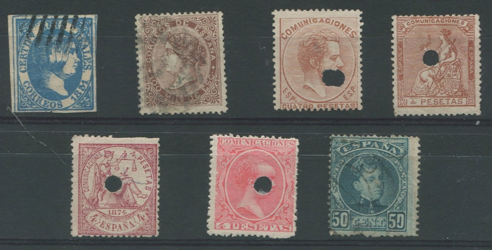 Spain 1851 - 1901 #10 /#283b, a used group of seven (with hole punched), includes #10 (thinned), (1 of 1)