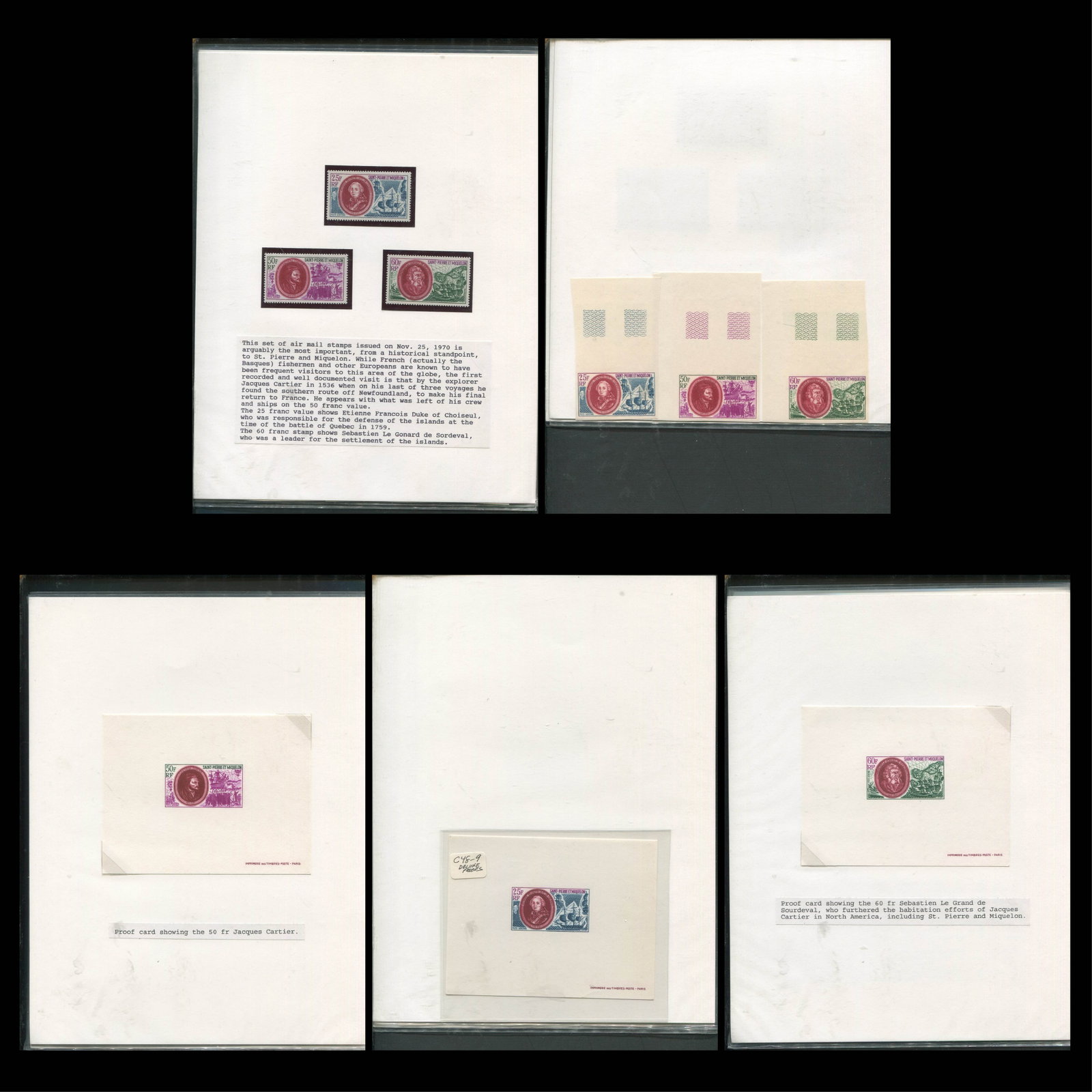 St Pierre and Miquelon 1970 #C47 - C49, a Group of three die proofs and as single imperforates and: St Pierre and Miquelon 1970 #C47 - C49, a Group of three die proofs and as single imperforates and perforated, appears f-vf
