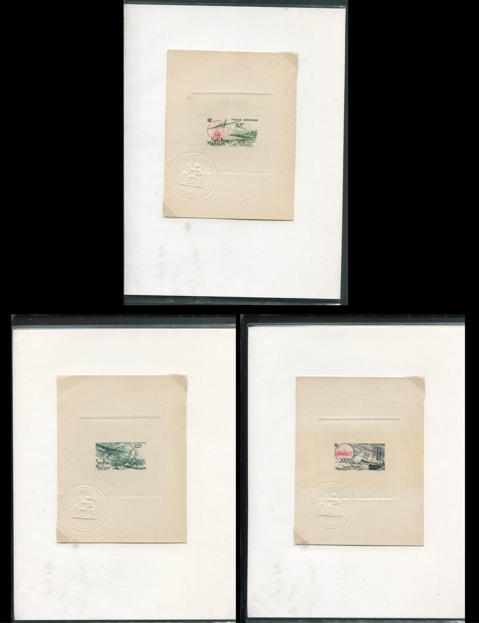 St Pierre and Miquelon 1947 #C15 - #C17, a deluxe die proof, set of three, with a seal on proof, (1 of 4)