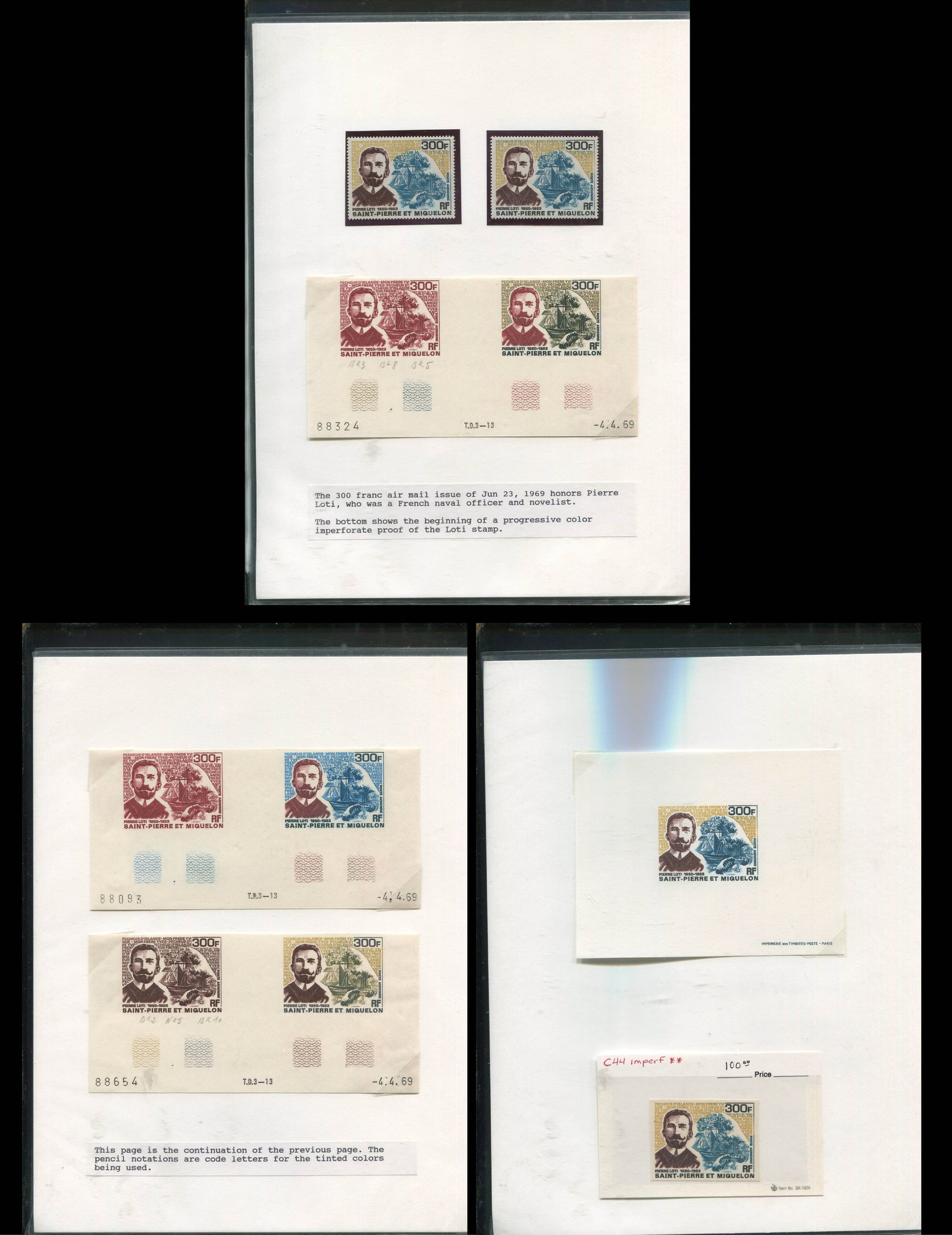 St Pierre and Miquelon 1969 #C44, a group of six progressive colour proofs two perforated singles, a (1 of 4)
